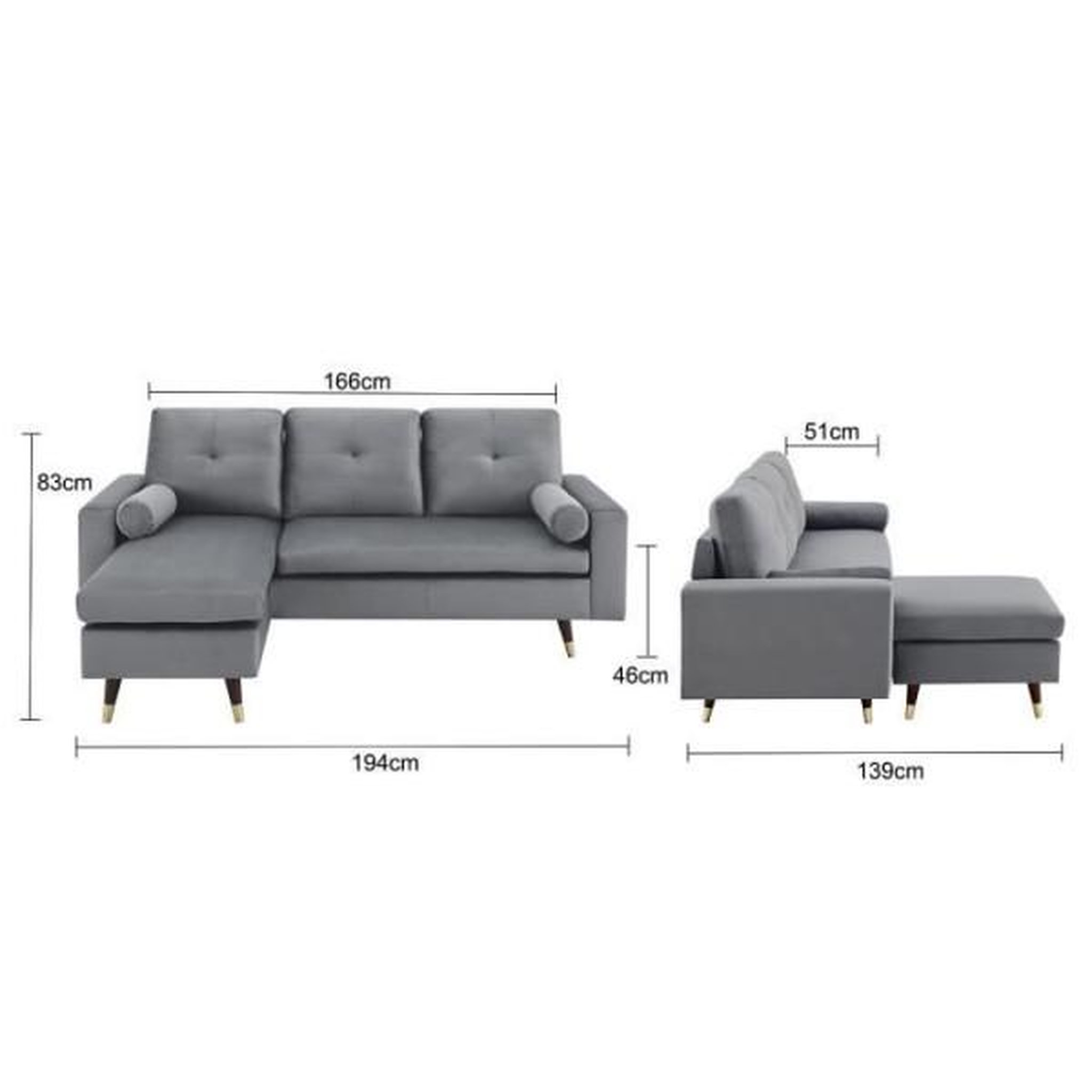 Voir la diapositive 4 : MARKET24 Canapé d'angle fixe réversible - Tissu gris - L 194 x P 139 x H 83 - Pieds bois et doré - NEW YORK