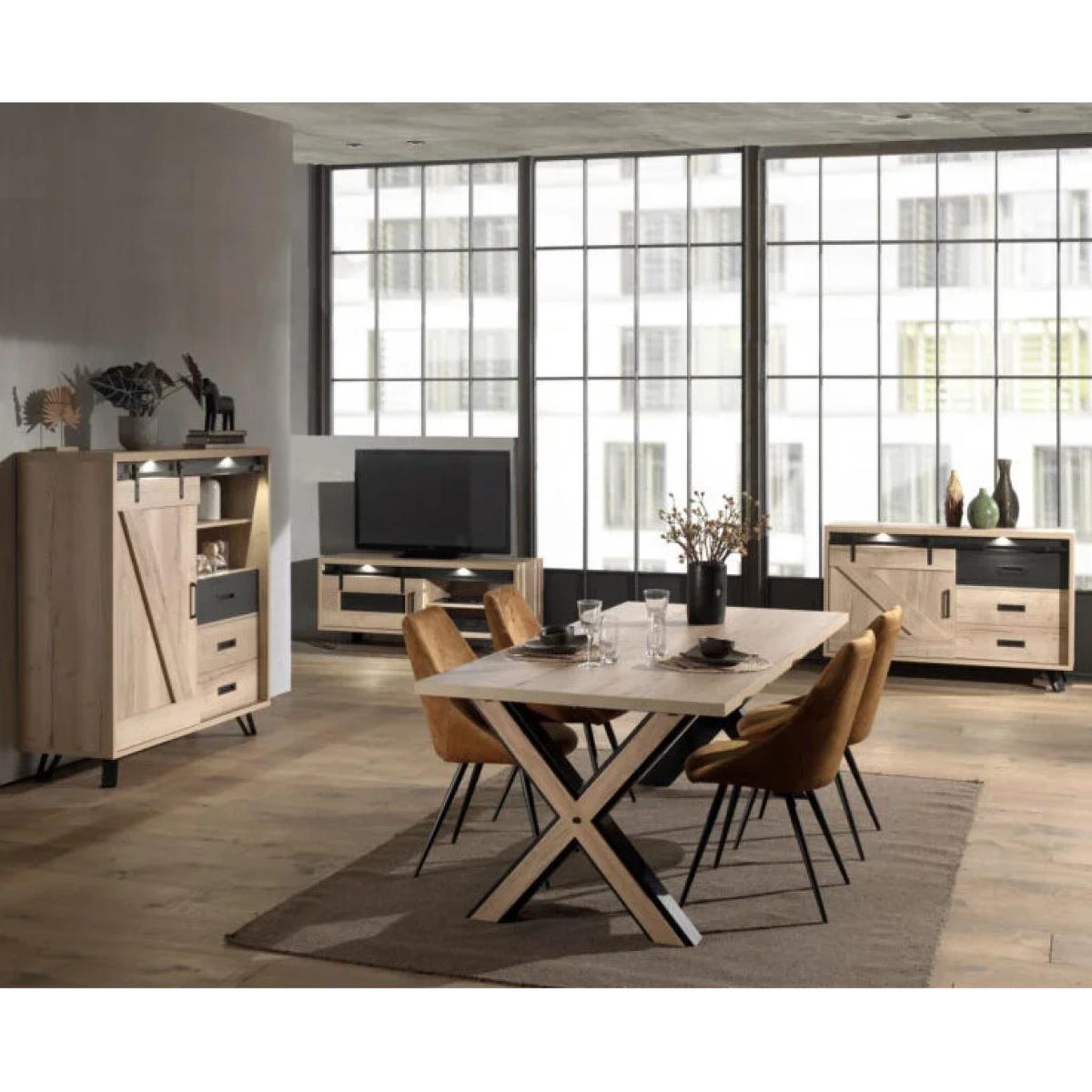 Voir la diapositive 4 : JLC KREATION Buffet industriel décor chêne clair 2 portes avec LED COSTA