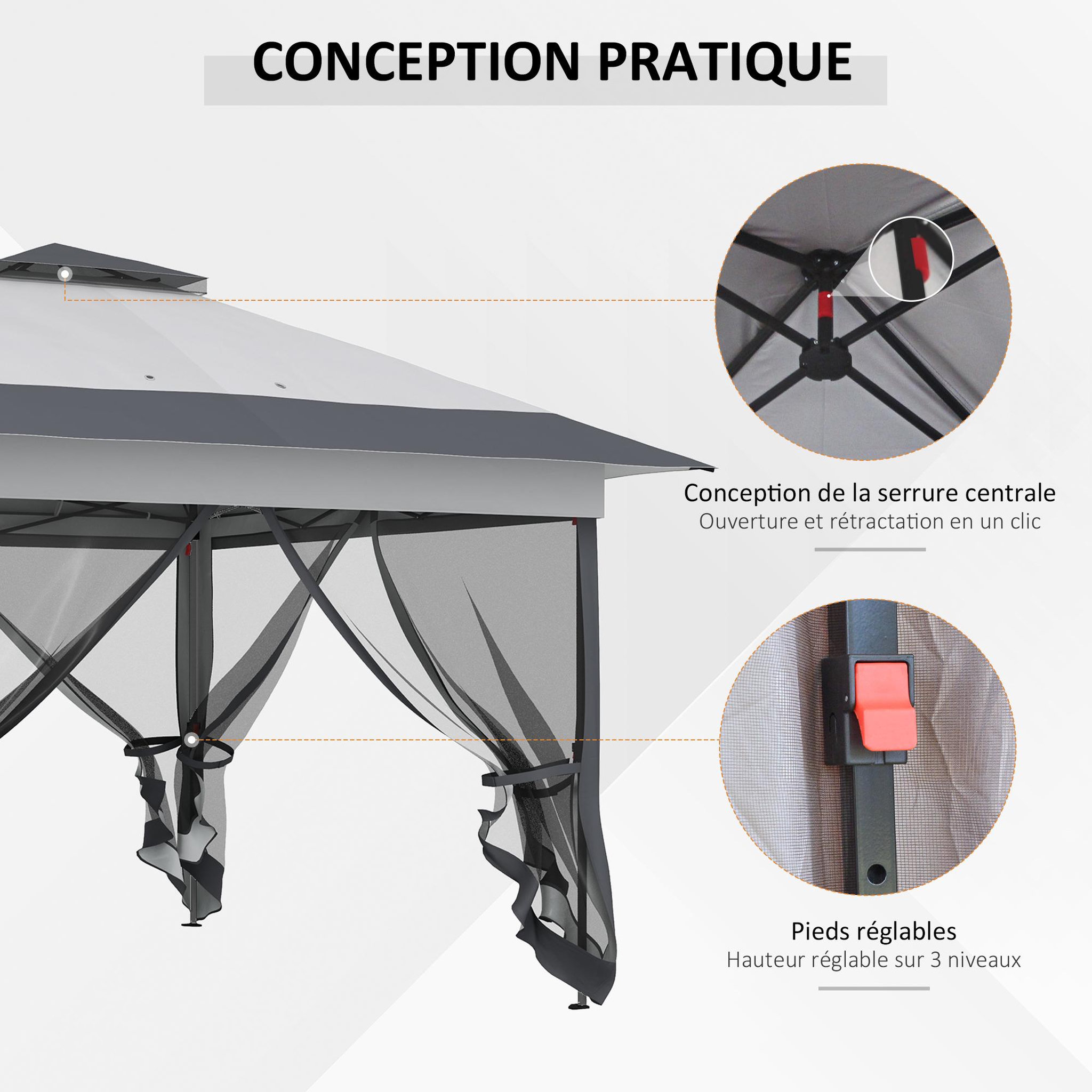 Voir la diapositive 6 : OUTSUNNY Tonnelle barnum de jardin pop-up pliant 3,64L x 3,64l x 2,98H m acier polyester moustiquaires + sac de transport à roulettes gris