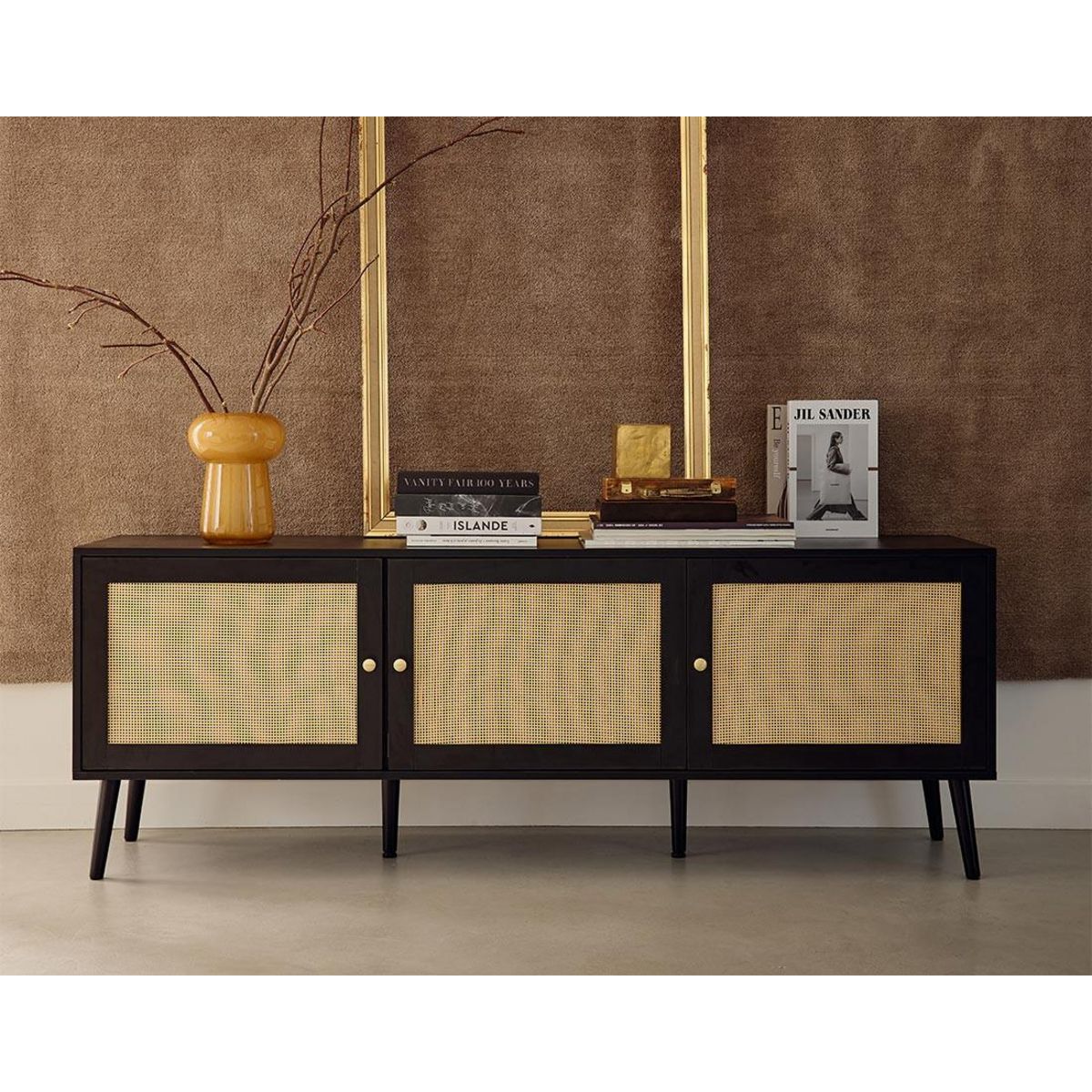 BEST MOBILIER Goto - meuble tv - noir et cannage - 167 cm