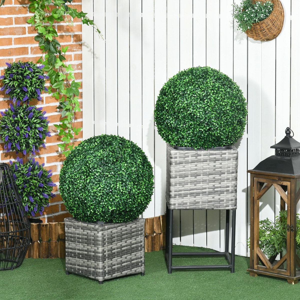 HOMCOM Lot de 2 buis artificiels topiaires artificielles en forme de boule Ø 50 cm PE vert