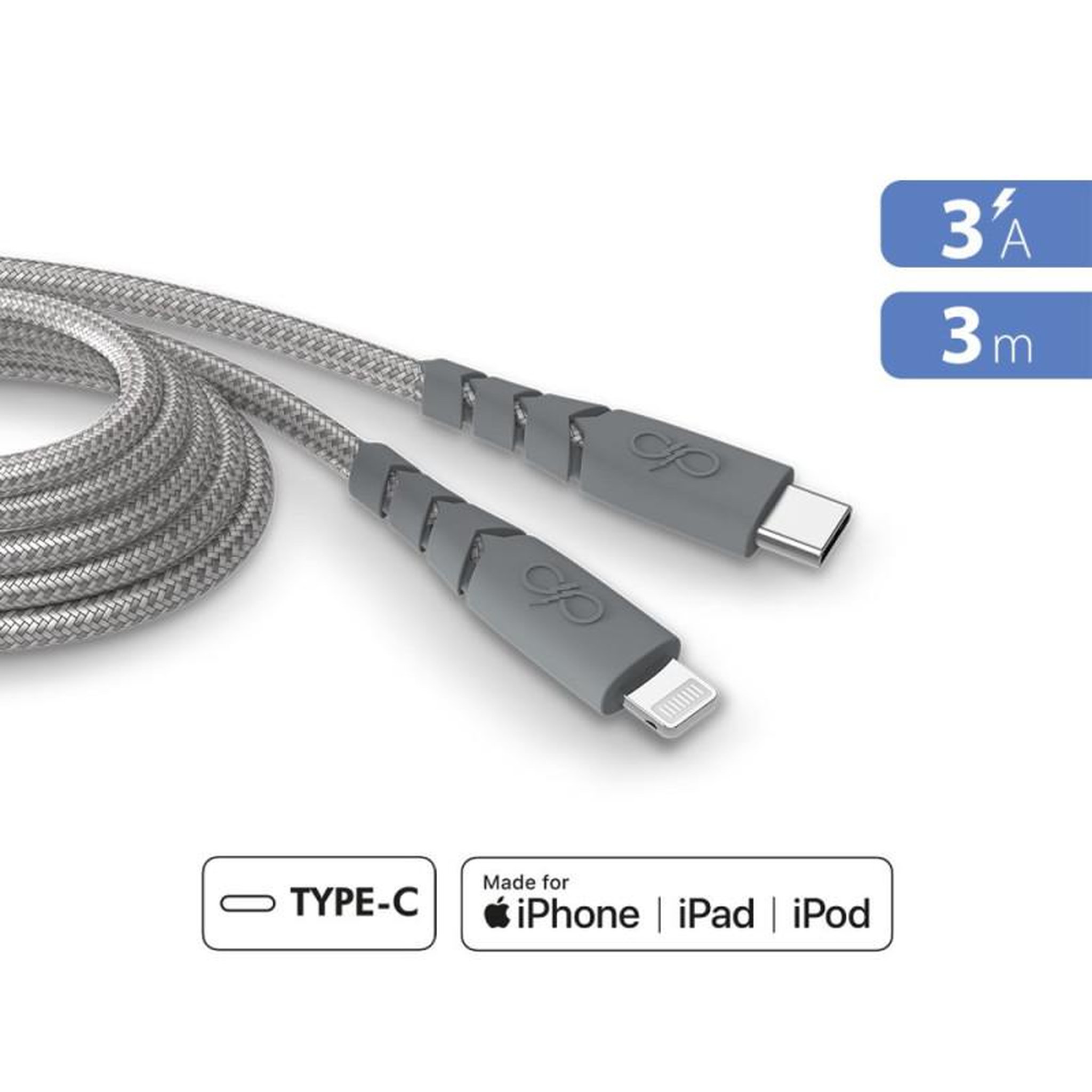 FORCE POWER Câble Force Power CBL Ultra renforcé USB C vers Lightning 3m Gris