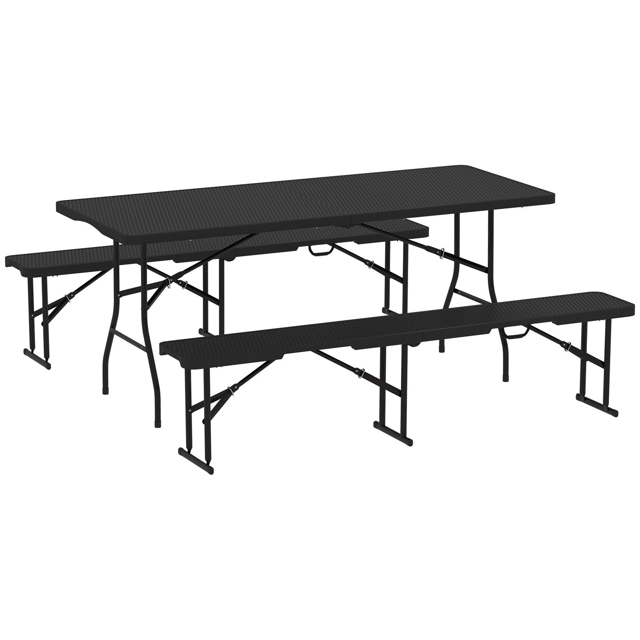 OUTSUNNY Ensemble table 2 bancs pliables avec poignées - usage pique-nique camping - métal époxy hdpe effet rotin noir