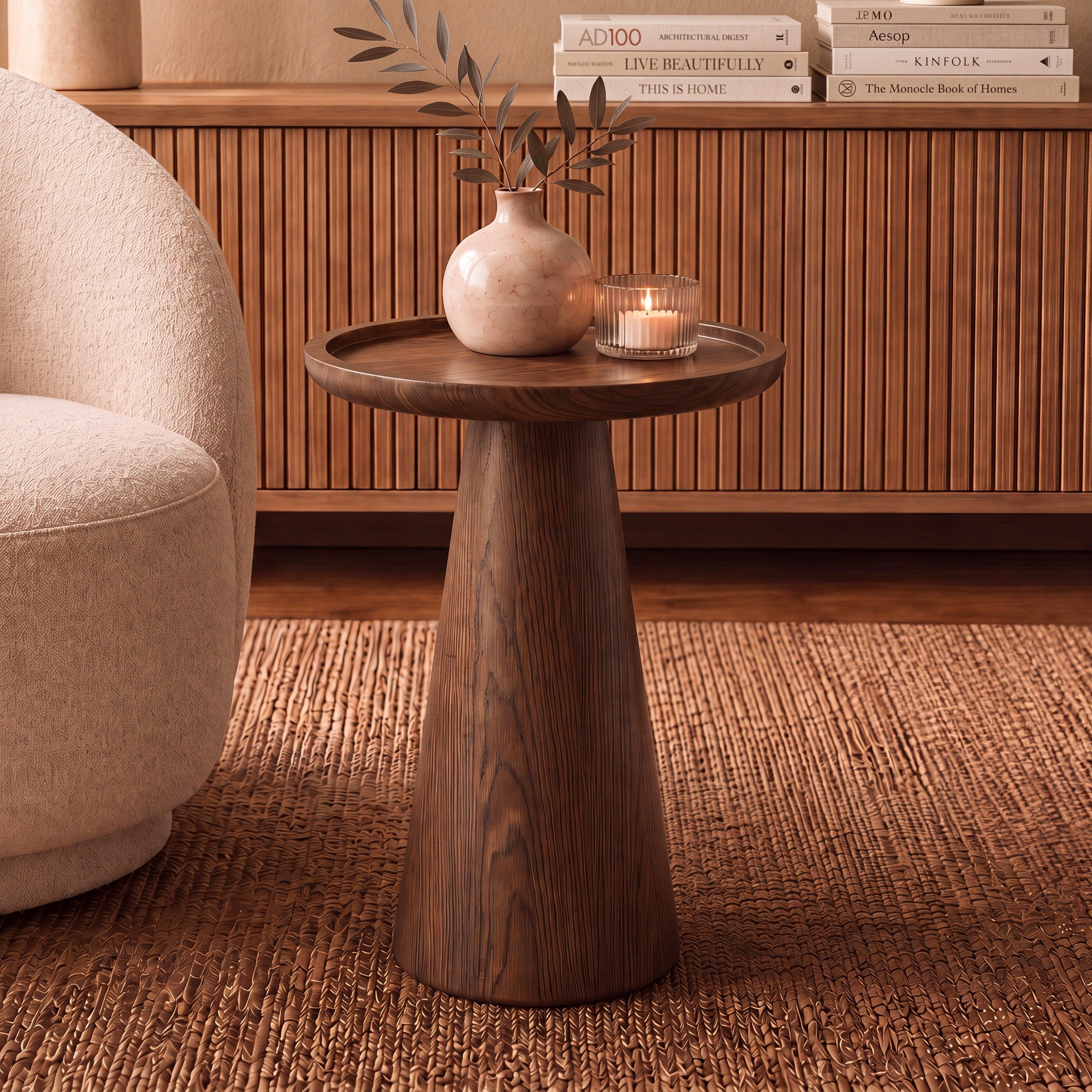 Voir la diapositive 2 : MAISON PAVANE Table d'appoint en placage noyer, d40 cm-côme