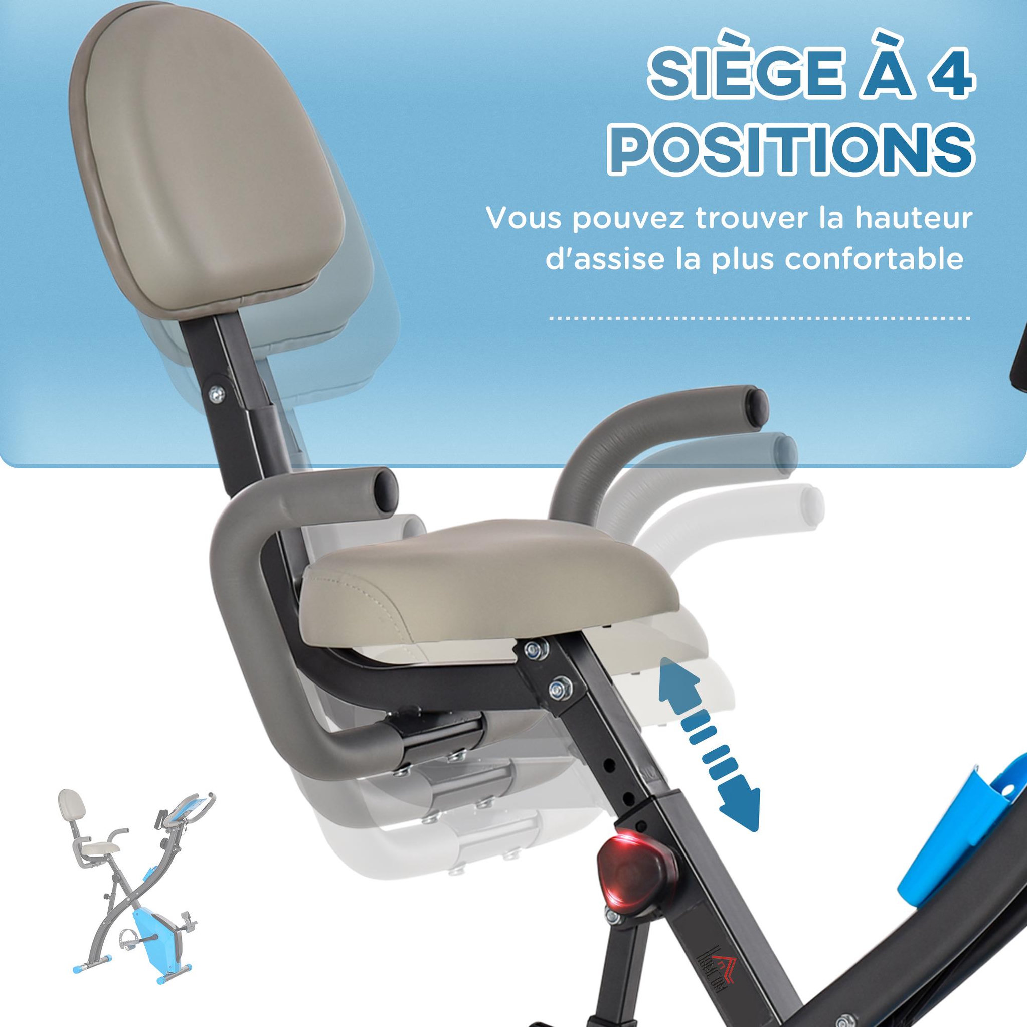 Voir la diapositive 5 : HOMCOM Vélo d'appartement pliant 8 niveaux de résistance magnétique dossier selle réglable poignées ergonomiques écran LCD multifonction suspensions support tablette acier