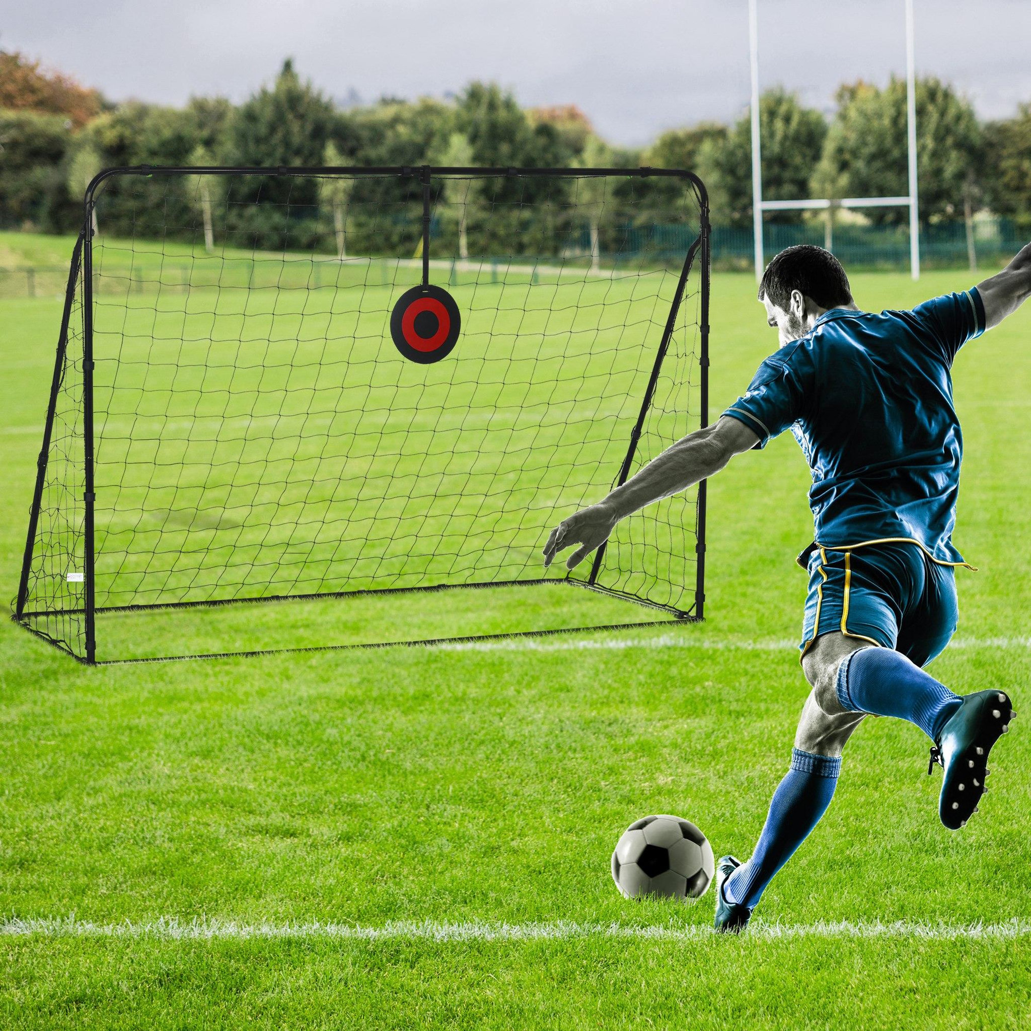 Voir la diapositive 2 : HOMCOM But de football cage de foot but futsal avec cible - dim. 213l x 150l x 100h cm - acier pe noir