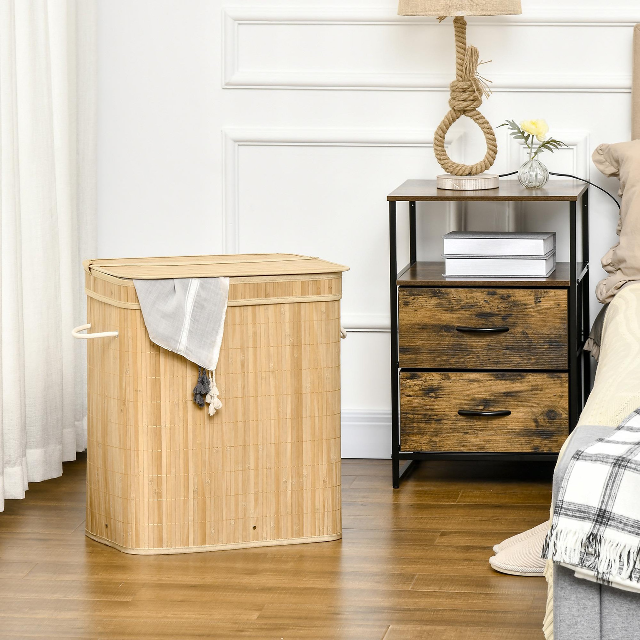 Voir la diapositive 2 : HOMCOM Panier à linge corbeille à linge bac à linge 100 l 2 compartiments couvercle sac amovible 2 poignées tissu bambou