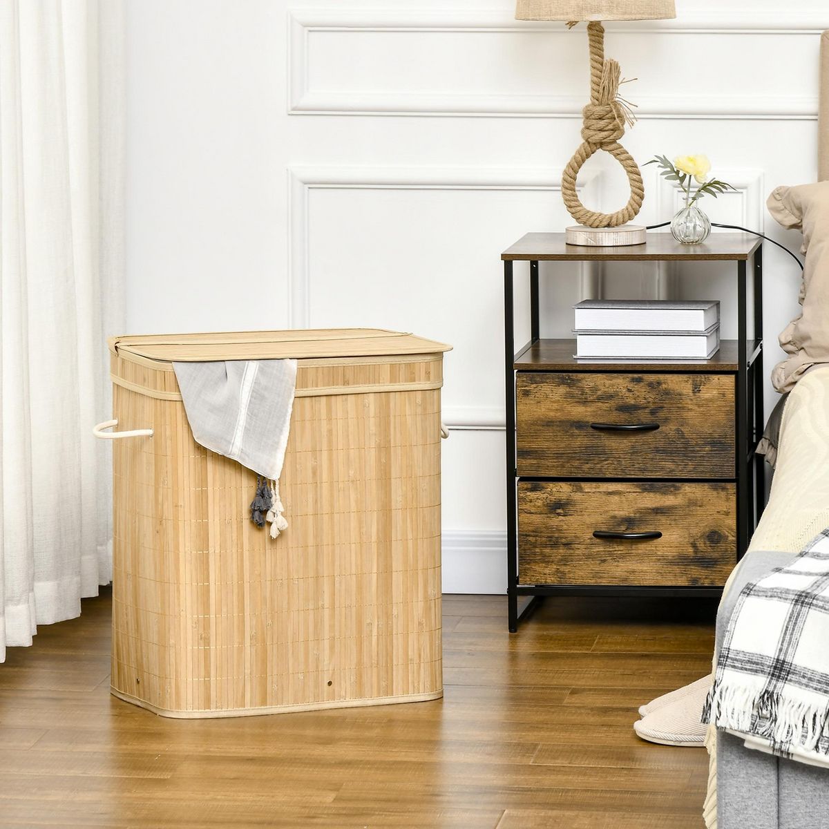 HOMCOM Panier à linge corbeille à linge bac à linge 100 L 2 compartiments couvercle sac amovible 2 poignées tissu bambou
