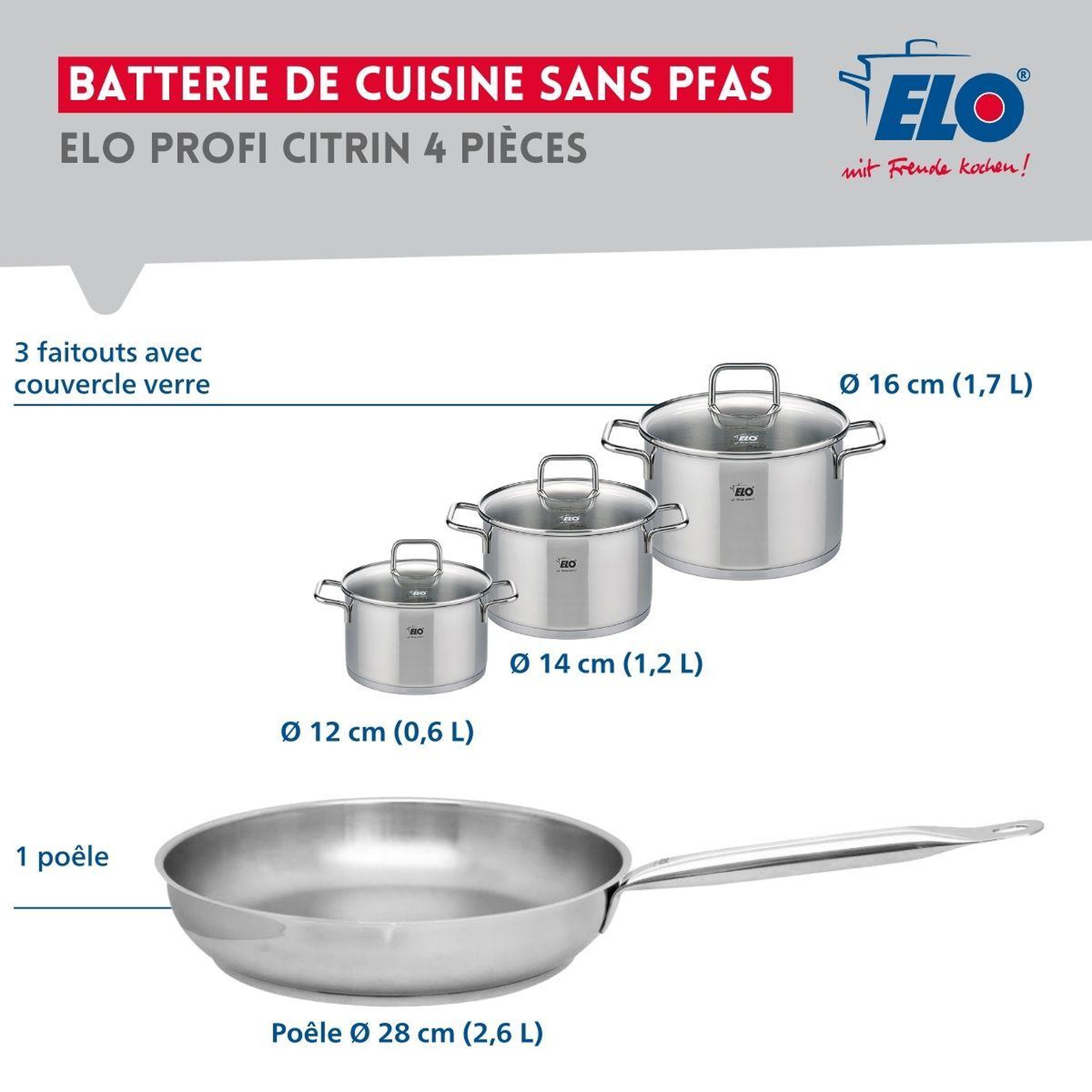 Voir la diapositive 2 : ELO Ensemble de 1 poêle de cuisson 28 cm et 3 faitouts 12, 14 et 16 cm elo profi citrin