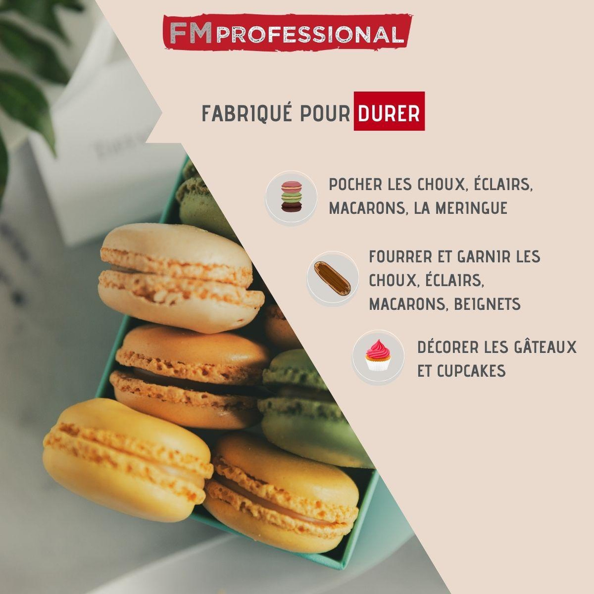 Voir la diapositive 2 : FM PROFESSIONAL Poche à douille en coton et 4 douilles en plastique 30 cm fm professional pâtisserie