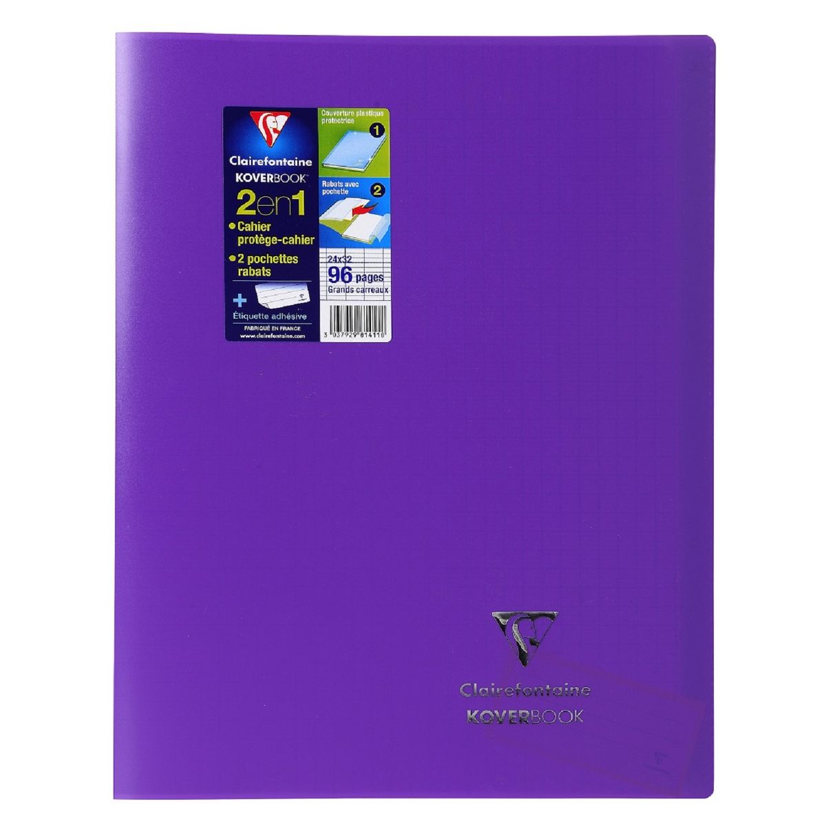 CLAIREFONTAINE  Cahier piqué Koverbook 24x32cm 96 pages grands carreaux Seyes violet