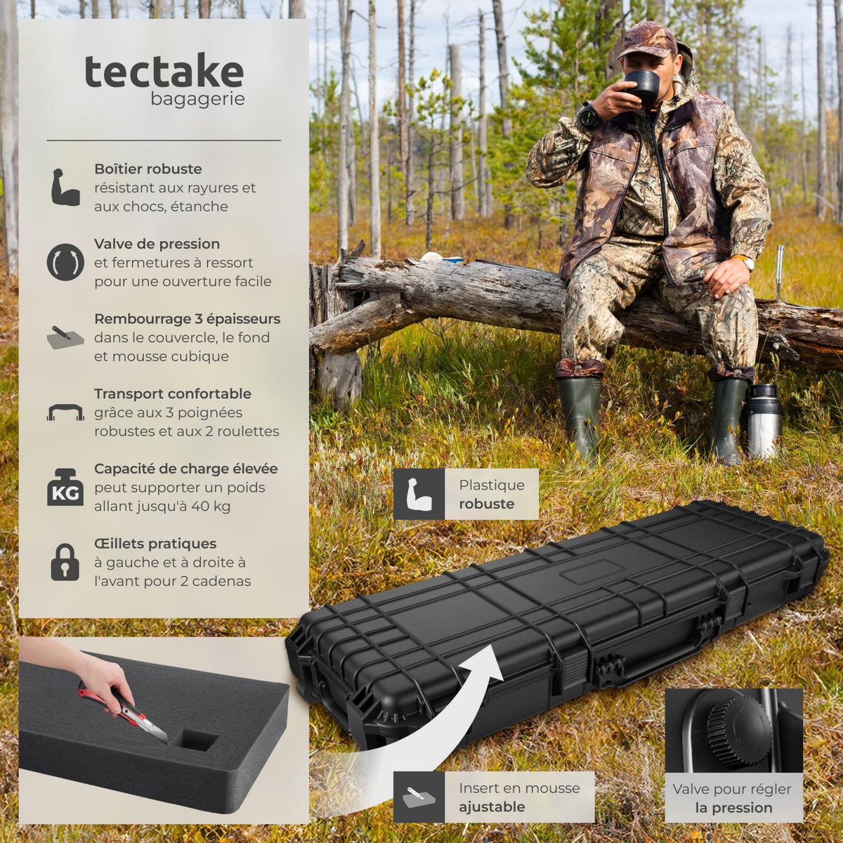 tectake Valise de protection pour fusil avec coque dure robuste noir