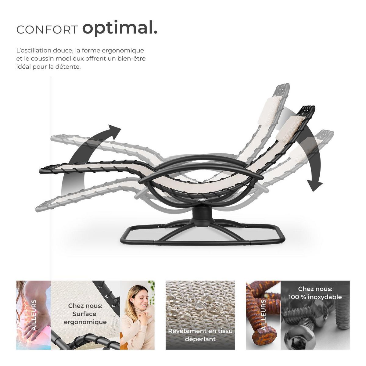 tectake Chaise longue de jardin ergonomique avec mouvement de balancement confortable beige