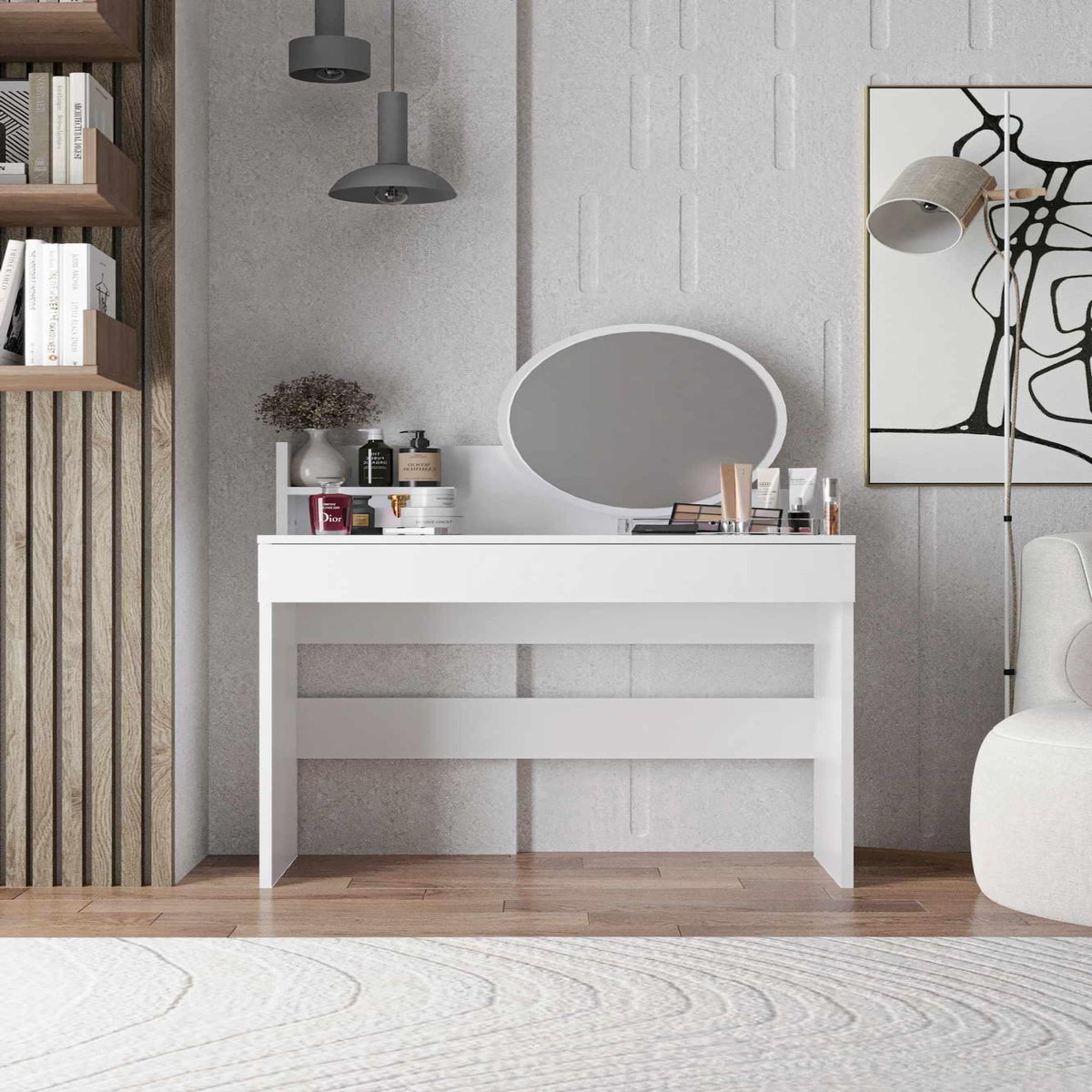 Habitat et Jardin Coiffeuse avec miroir en bois  Harmony Mini Round  - 90 x 40 x 133 cm - Blanc