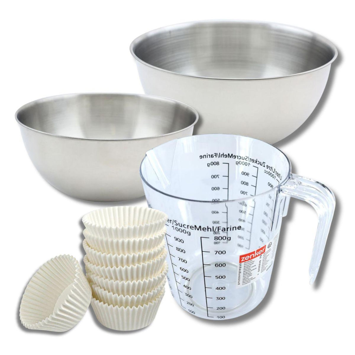 ZENKER Set pâtisserie avec 75 moules à muffins en papier, 2 bols à mixer, verre mesureur et spatule Zenker