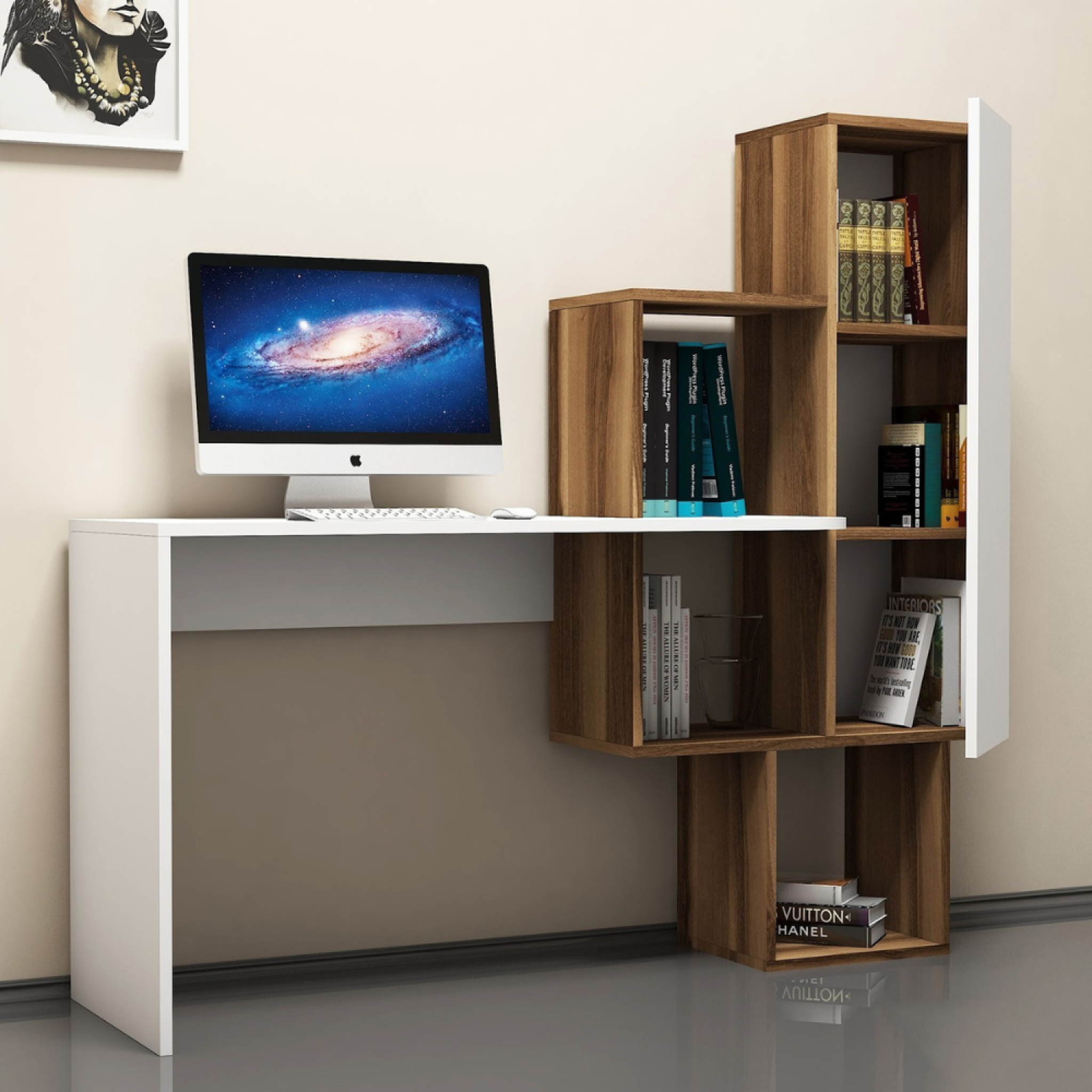 Voir la diapositive 5 : CONCEPT USINE Bureau fonctionnel 6 rangements - bois et blanc turku