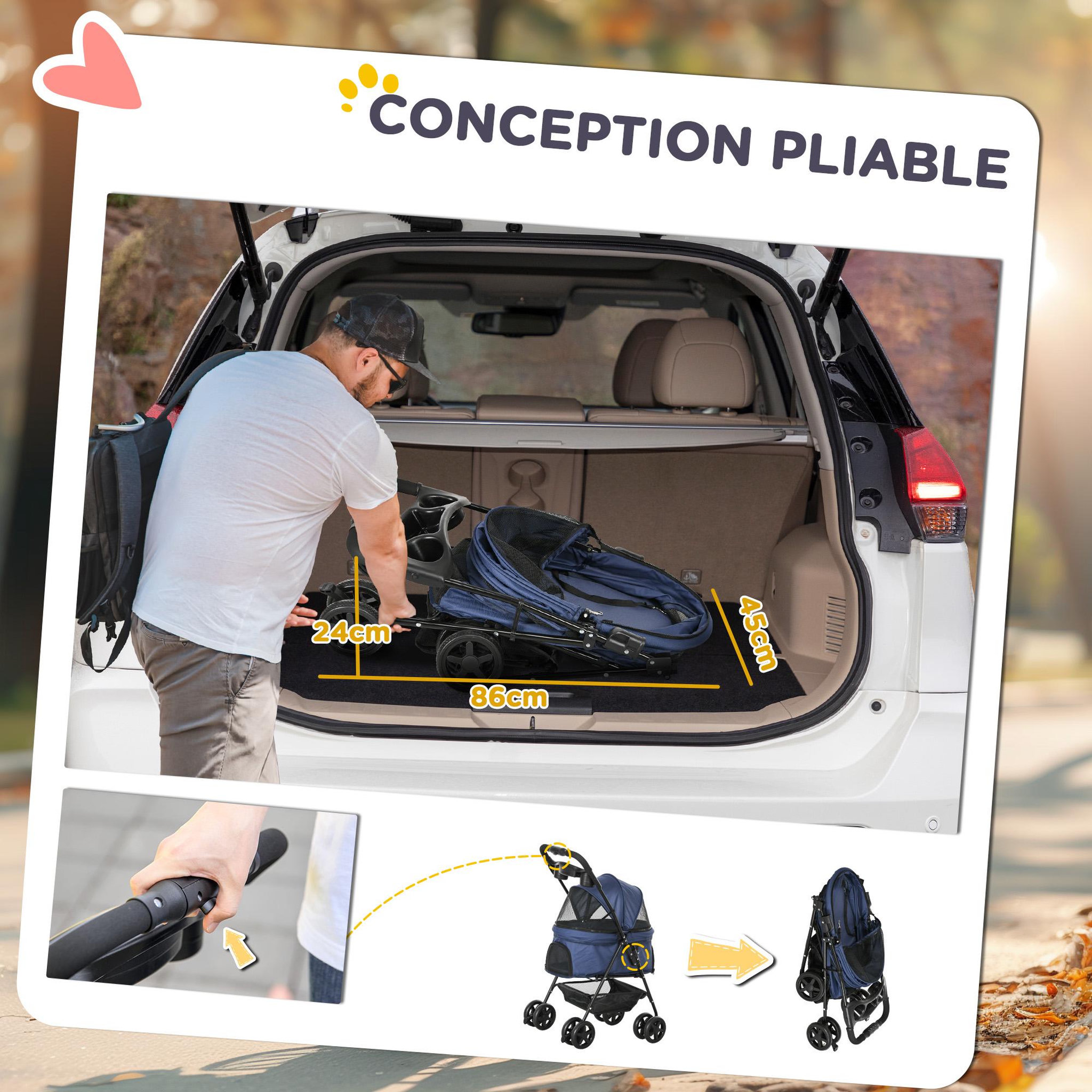 Voir la diapositive 4 : PAWHUT Poussette buggy pliable chien chat panier rangement porte-gobelets tissu 300d oxford imperméable 4 roues bleu