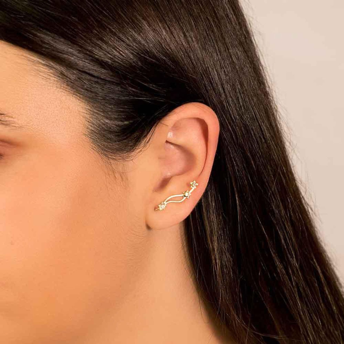 L'ATELIER D'AZUR Boucles d'Oreilles Or 18 Carats 750 Jaune - Contours Grimpeurs - Etoiles