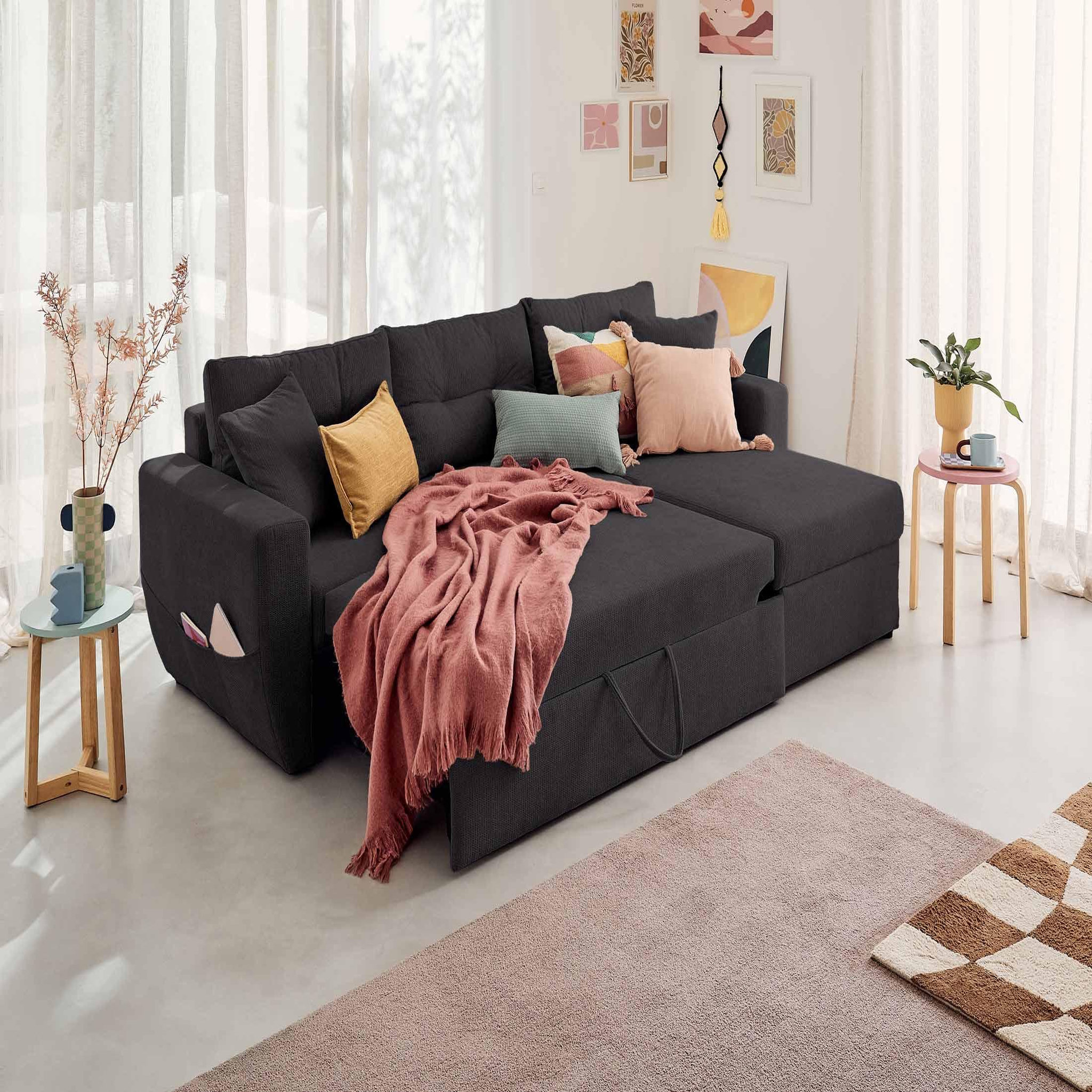 Voir la diapositive 2 : BEST MOBILIER Astoria - canapé d'angle réversible 4 places - convertible avec coffre - en tissu texturé