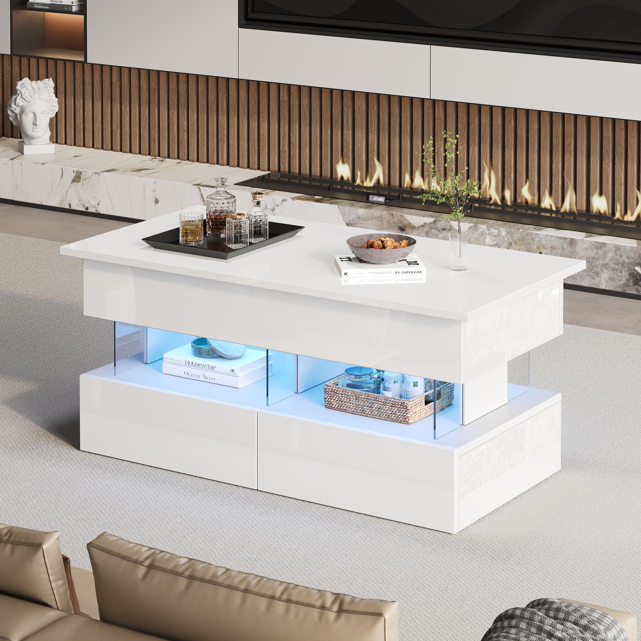 Voir la diapositive 4 : MERAX Table basse relevable rectangulaire blanc - 50x100 cm led mdf