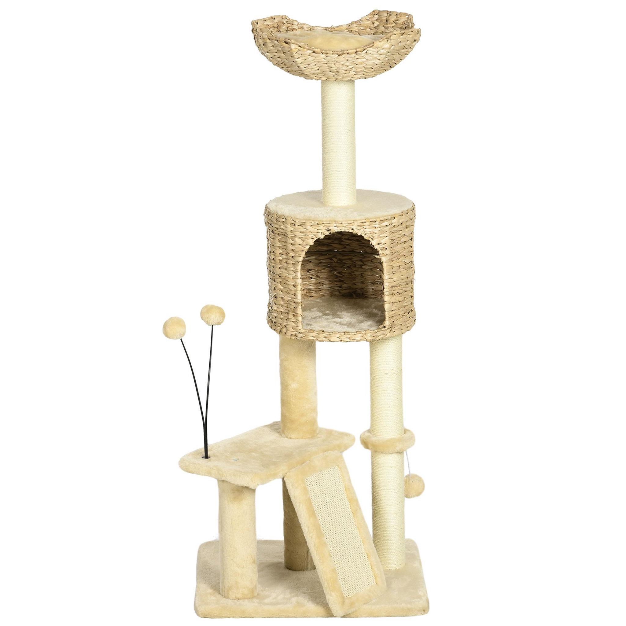 PAWHUT Arbre à chat style cosy chic griffoirs grattoir sisal naturel équipement multiple peluche jacinthe d'eau beige