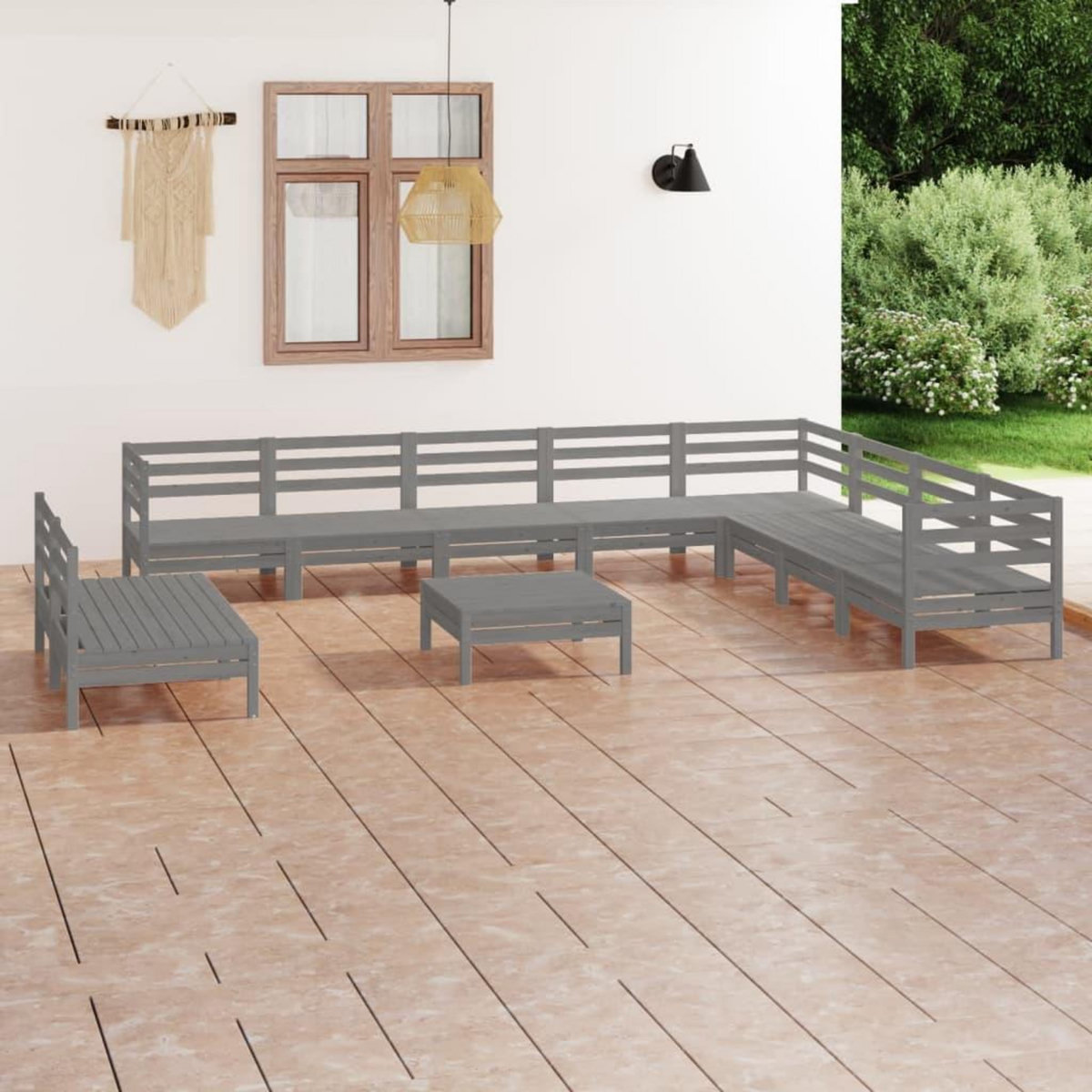 VIDAXL Salon de jardin 11 pcs Bois de pin massif Gris