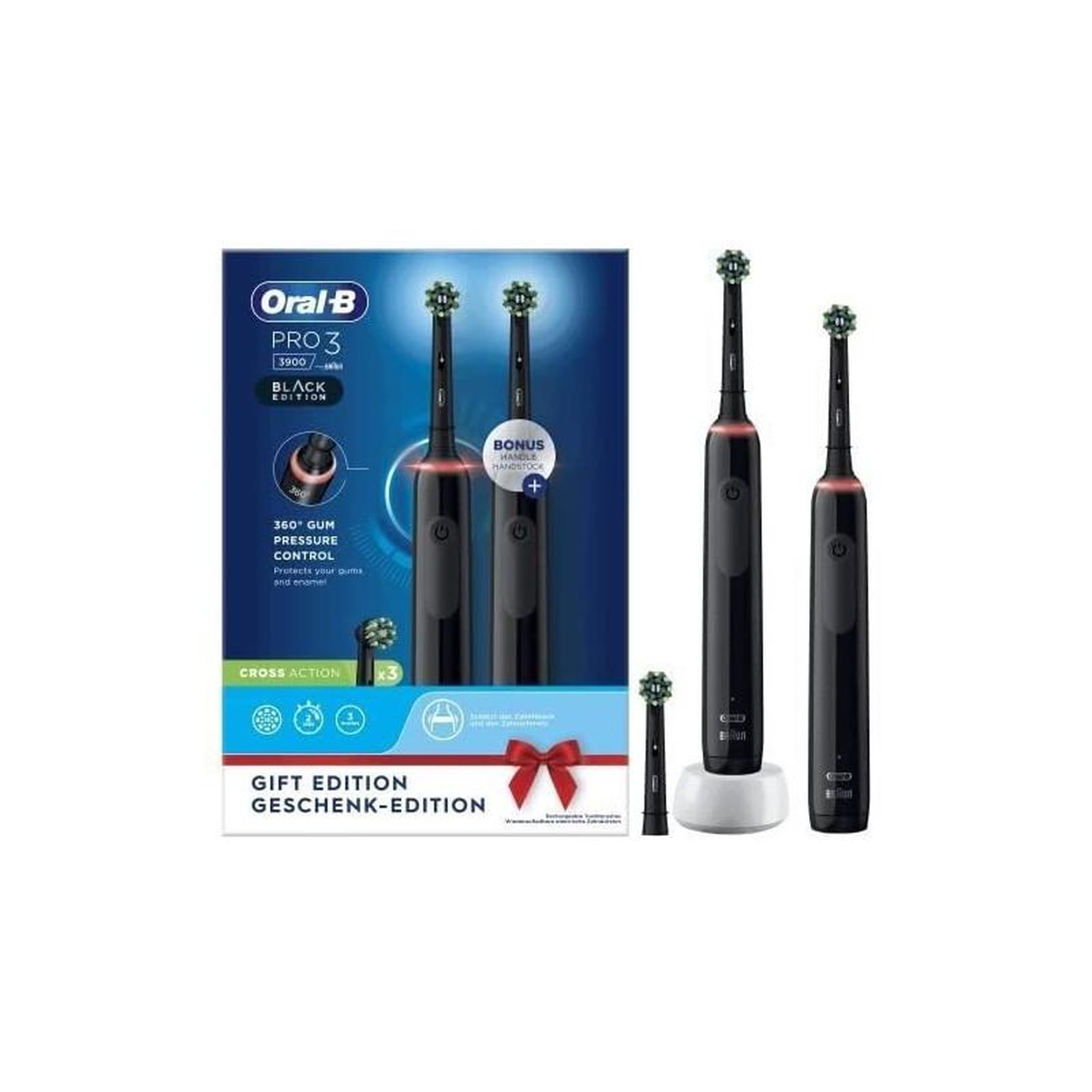 ORAL B Brosse a dents électriques Oral-B Pro 3 3900 - Lot de 2 - 2 manches noirs - 3 Brossettes - Conçues Par Braun