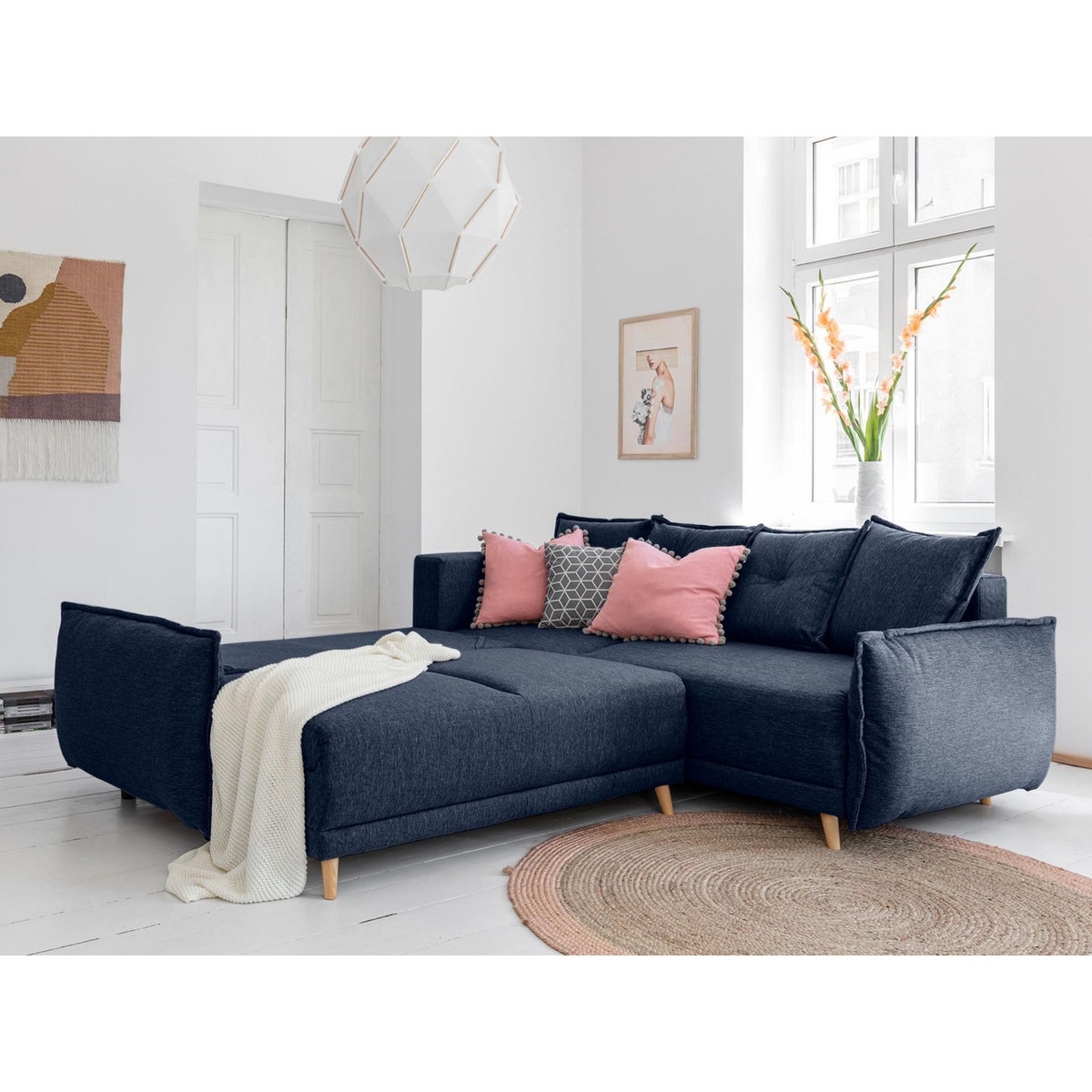 BEST MOBILIER Lena - canapé d'angle convertible - avec coffre - style scandinave - 5 places - droit