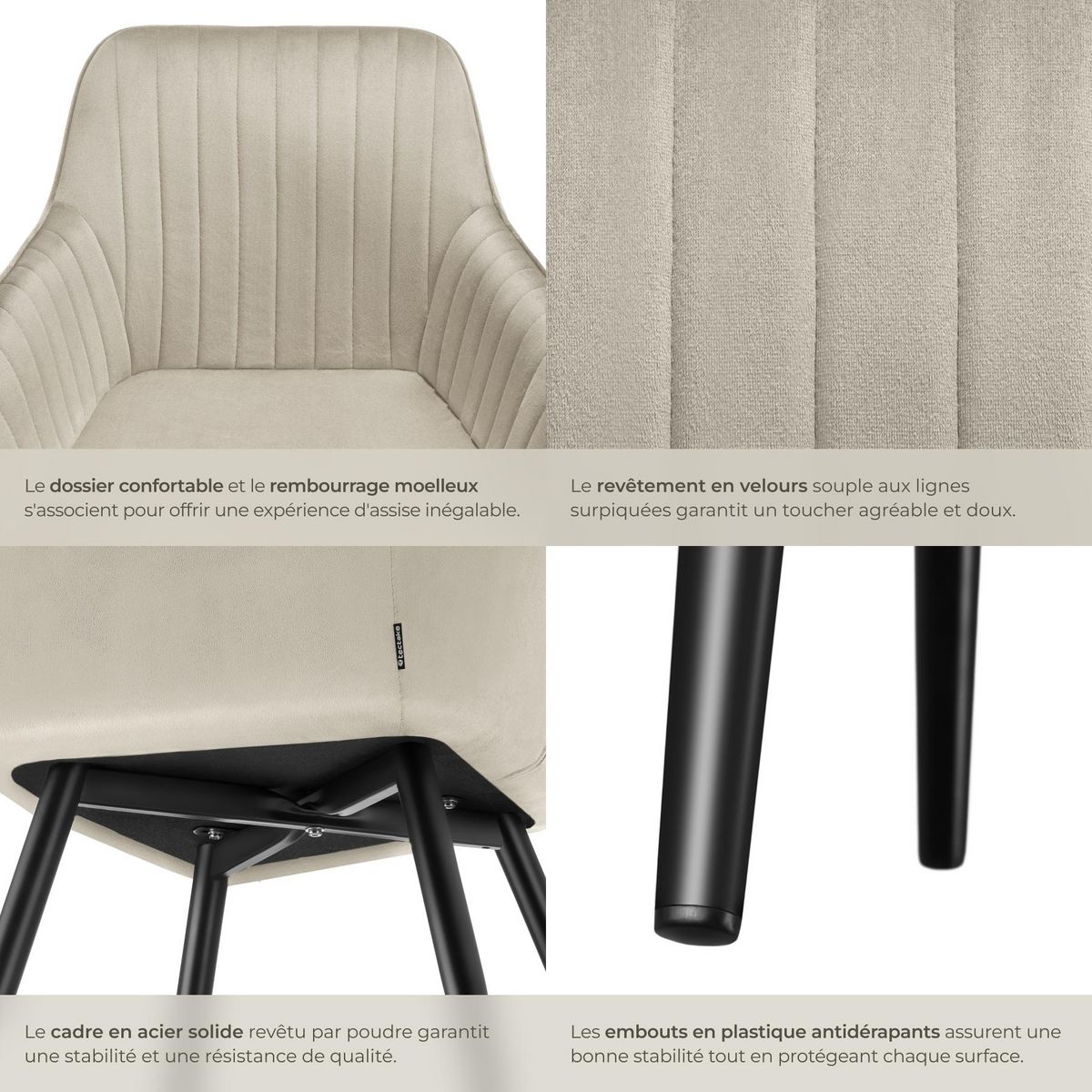 tectake Chaise de salle à manger en velours matelassée et capitonnée crème/noir Lot de 2
