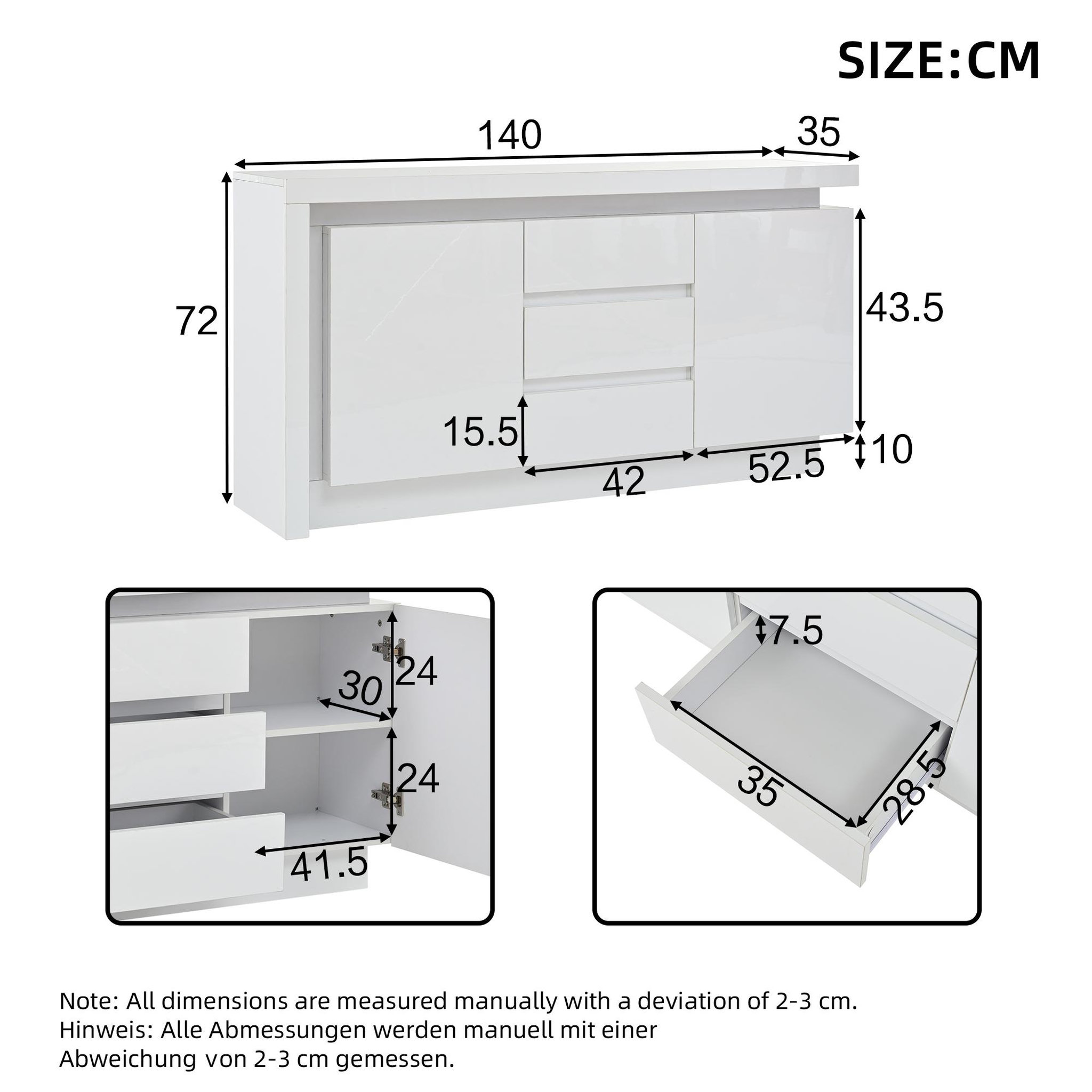 Voir la diapositive 3 : MERAX Buffet 2 porte(s) 3 tiroir(s) - 140 cm blanc led panneau de particules