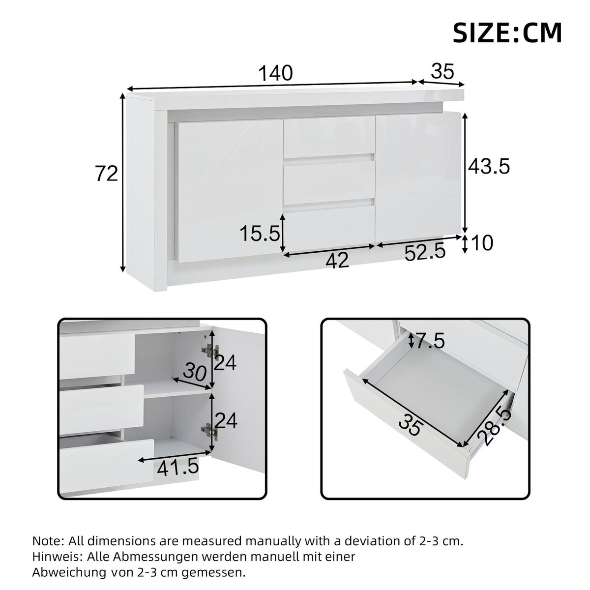 MERAX Buffet 2 porte(s) 3 tiroir(s) - 140 cm blanc led panneau de particules