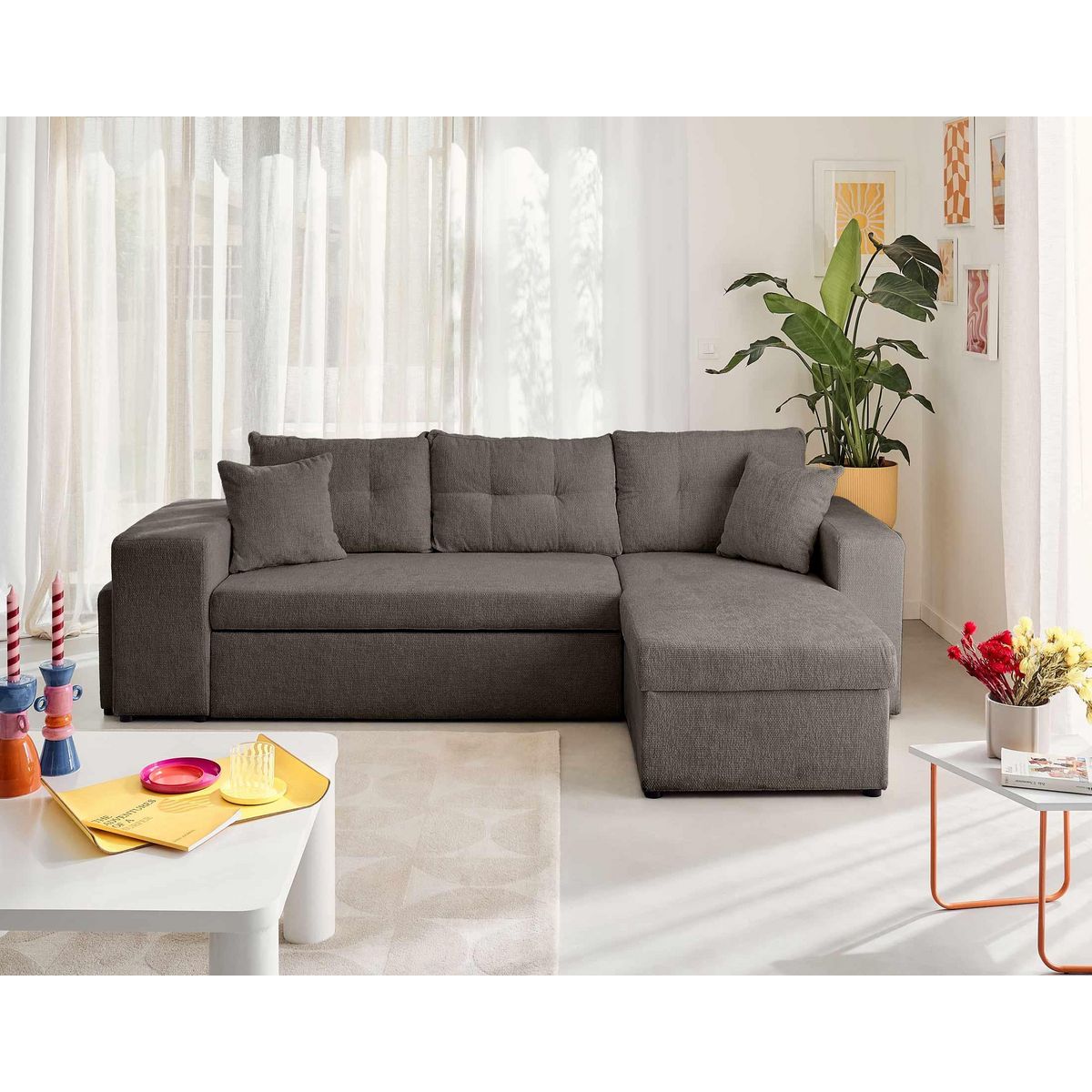 BEST MOBILIER California - canapé d'angle réversible 4 places - convertible avec coffre, étagère et poufs - en velours texturé