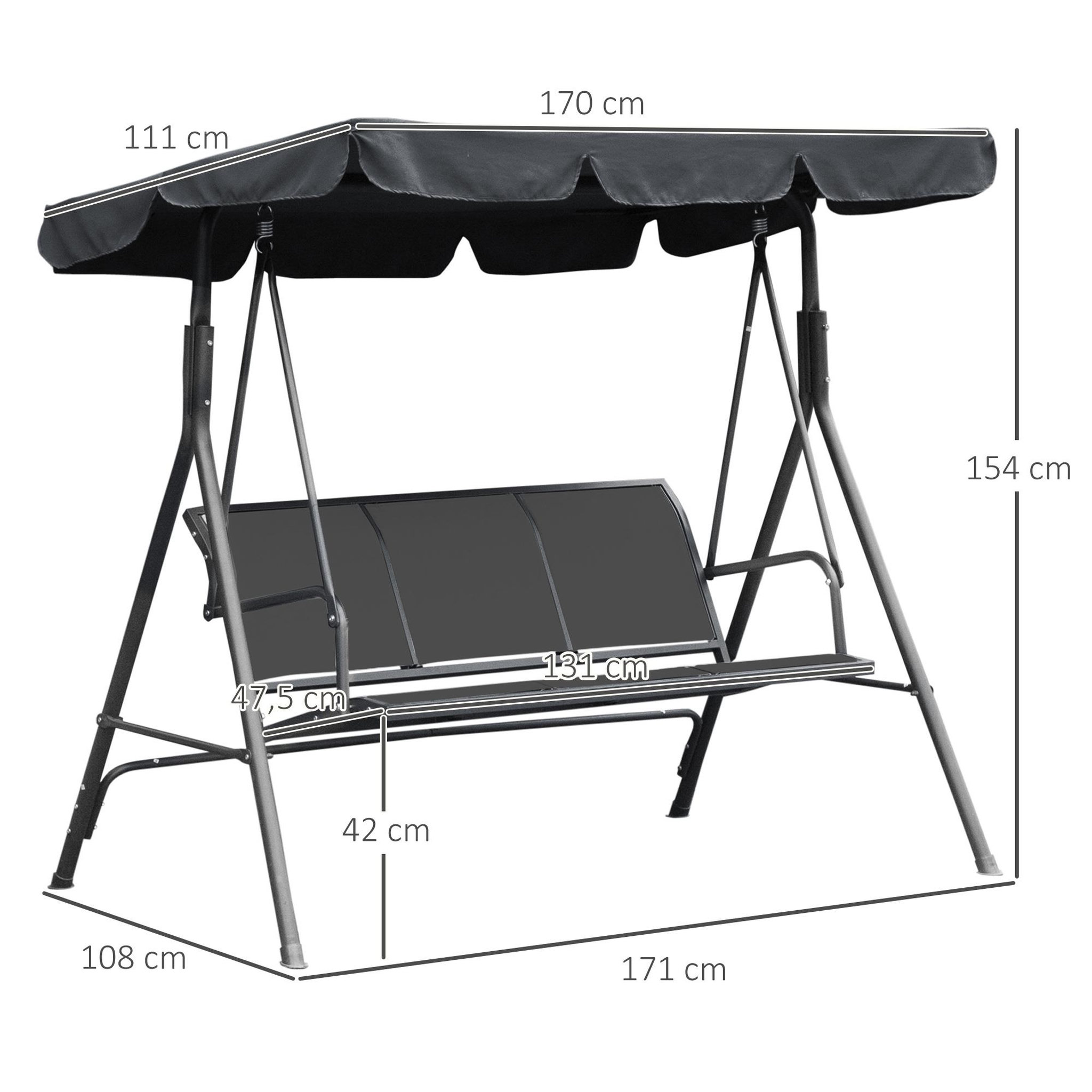 Voir la diapositive 3 : OUTSUNNY Balancelle de jardin 3 places grand confort toit imperméabilisé inclinaison réglable assise et dossier ergonomique acier textilène gris