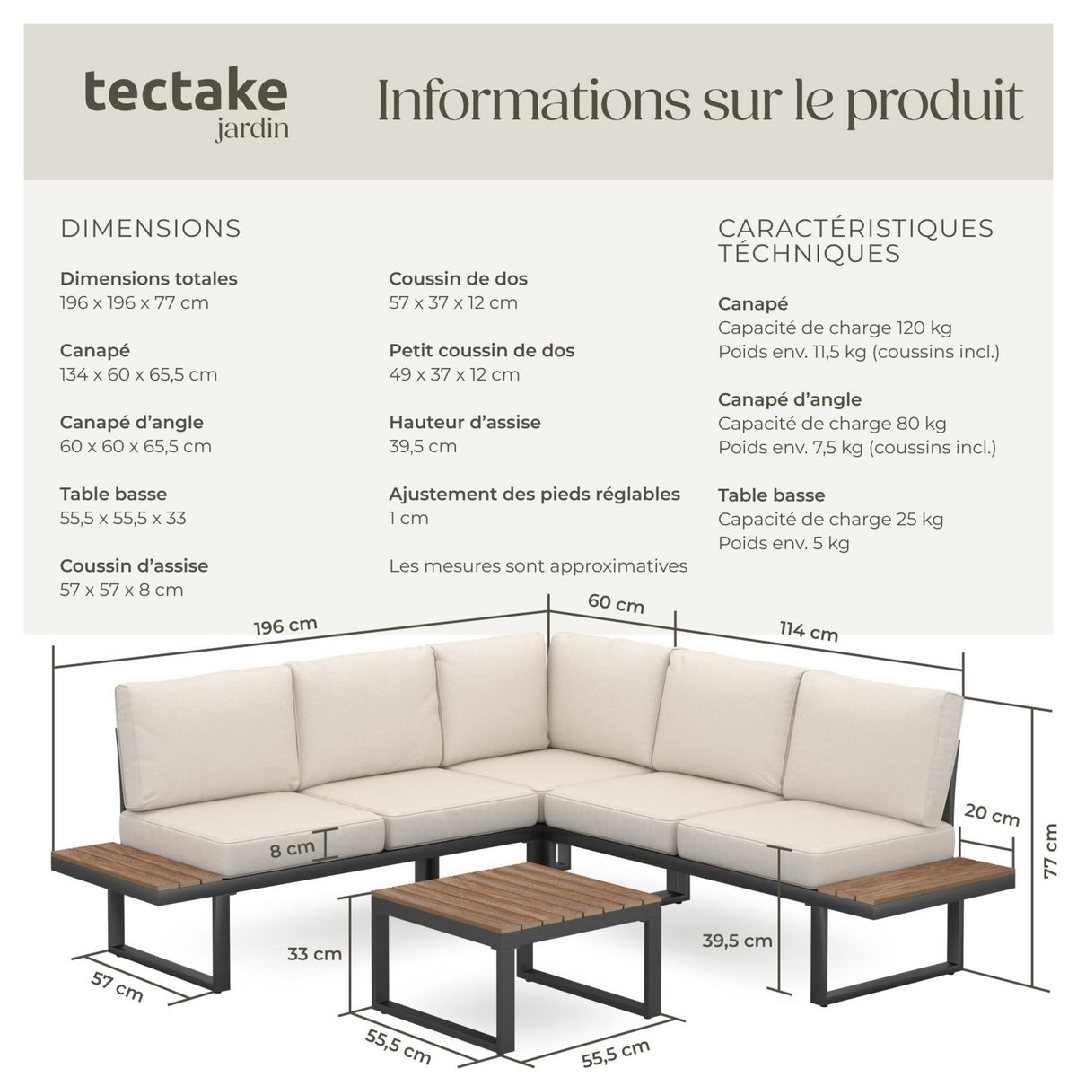 tectake Ensemble de salon de jardin avec cadre en aluminium laqué époxy noir