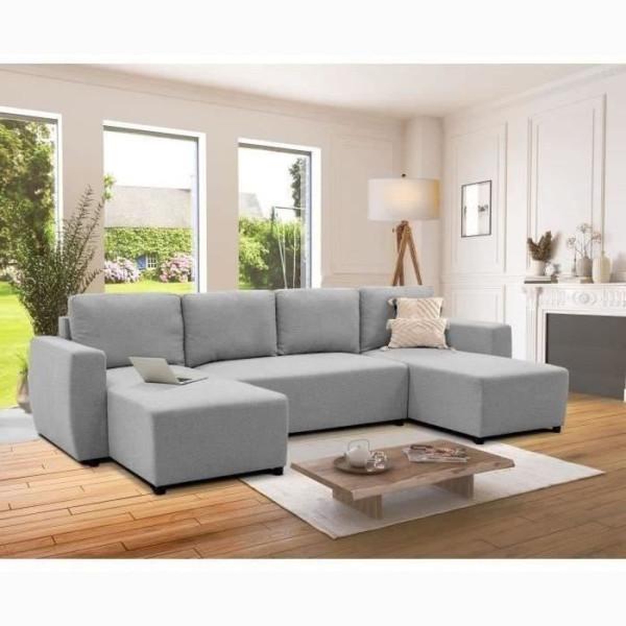 Voir la diapositive 2 : MARKET24 Canapé d'angle convertible panoramique PHARELL 5/6 places - Tissu souris - Coffre de rangement - L297 x P155 x H85 cm