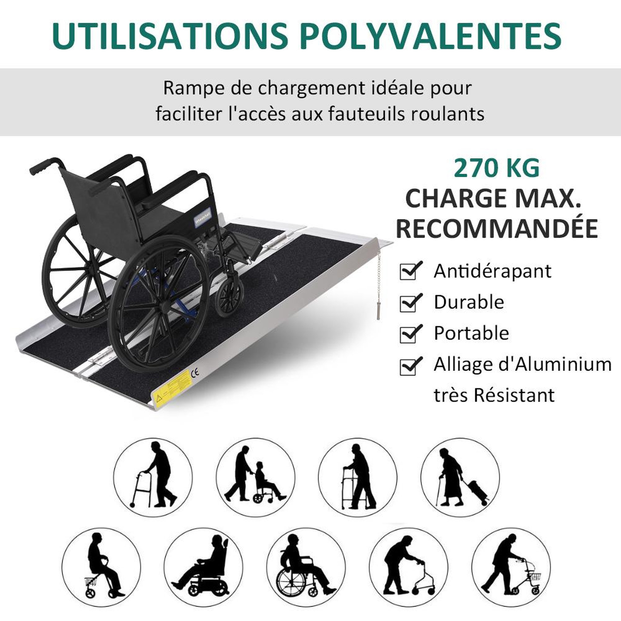 Voir la diapositive 5 : HOMCOM Rampe de fauteuil roulant rampe de chargement rampe d'accès antidérapante pliable avec bordures de sécurité max. 270 kg dim. 93l x 76l x 5h cm alu. Noir