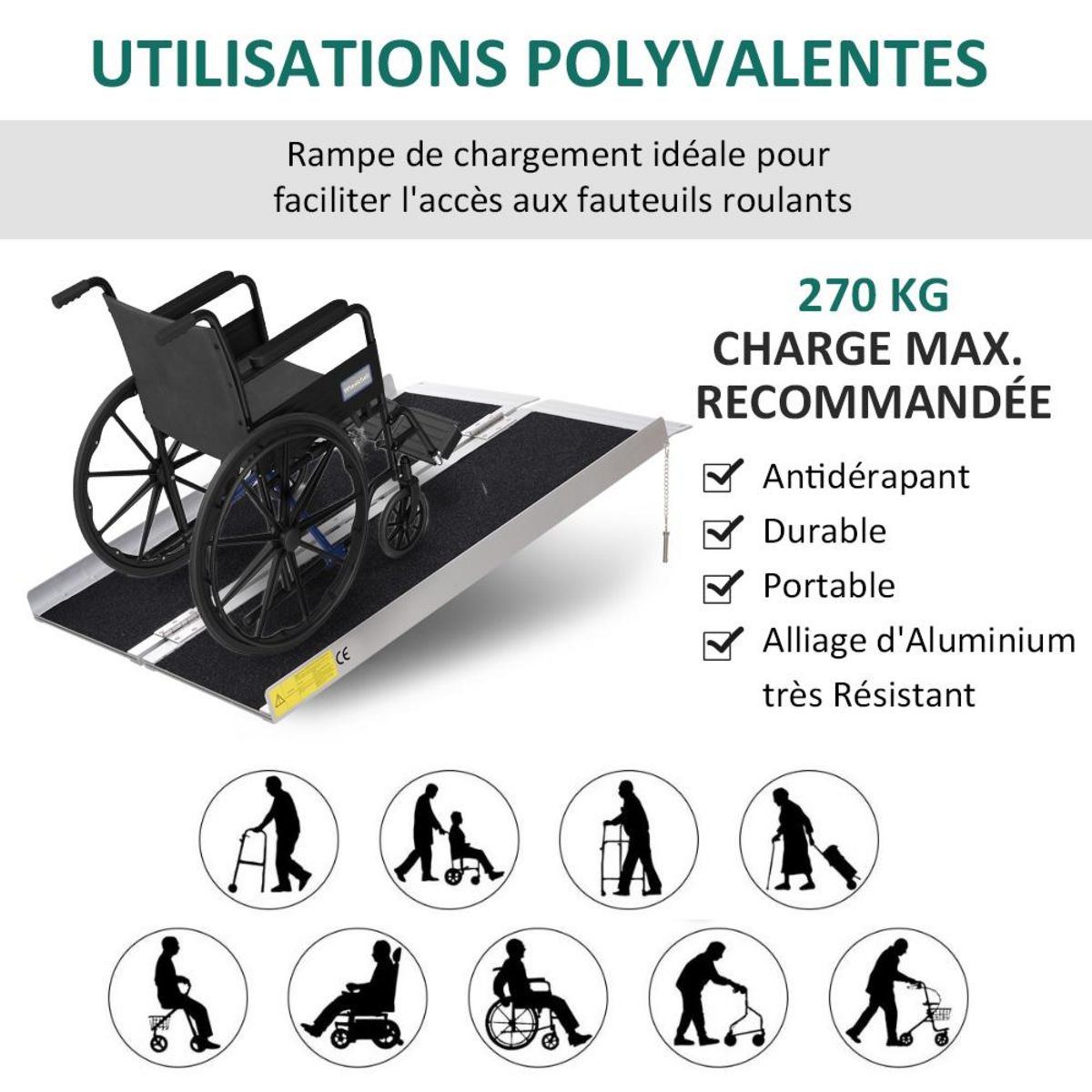 HOMCOM Rampe de fauteuil roulant rampe de chargement rampe d'accès antidérapante pliable avec bordures de sécurité max. 270 Kg dim. 93L x 76l x 5H cm alu. noir