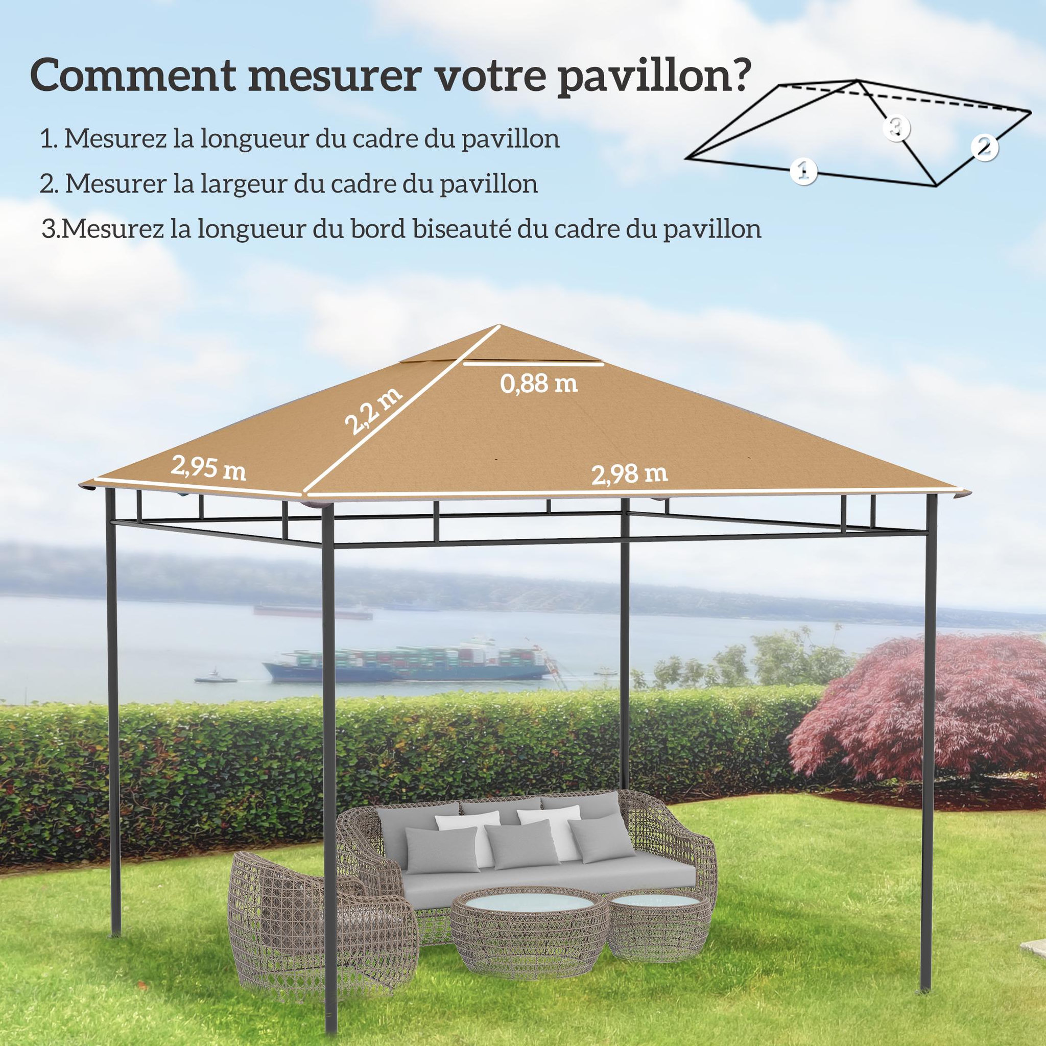 Voir la diapositive 3 : OUTSUNNY Toile de rechange pour pavillon tonnelle tente 3 x 3 m polyester haute densité 180 g/m² revêtement PA anti-UV beige