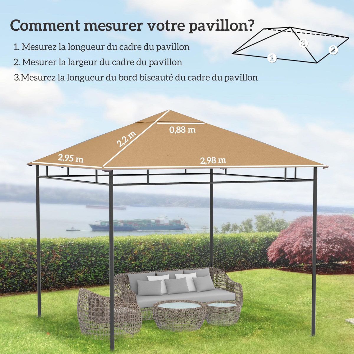 OUTSUNNY Toile de rechange pour pavillon tonnelle tente 3 x 3 m polyester haute densité 180 g/m² revêtement PA anti-UV beige