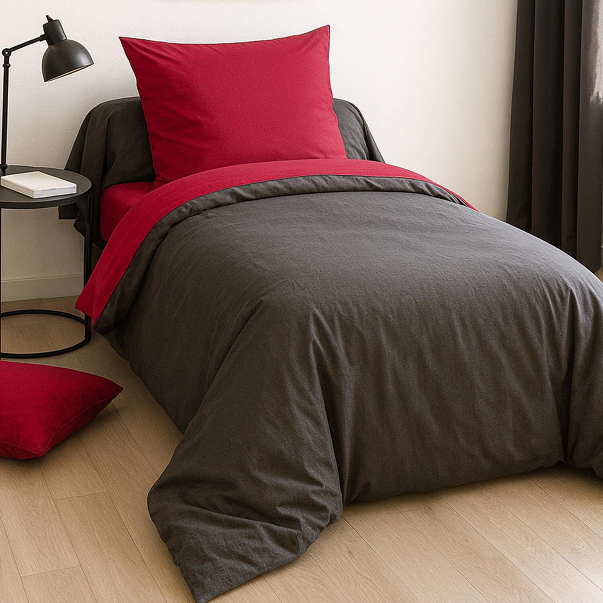 Voir la diapositive 2 : Home collection Parure housse de couette 135x200cm 100%coton fushia/anthracite