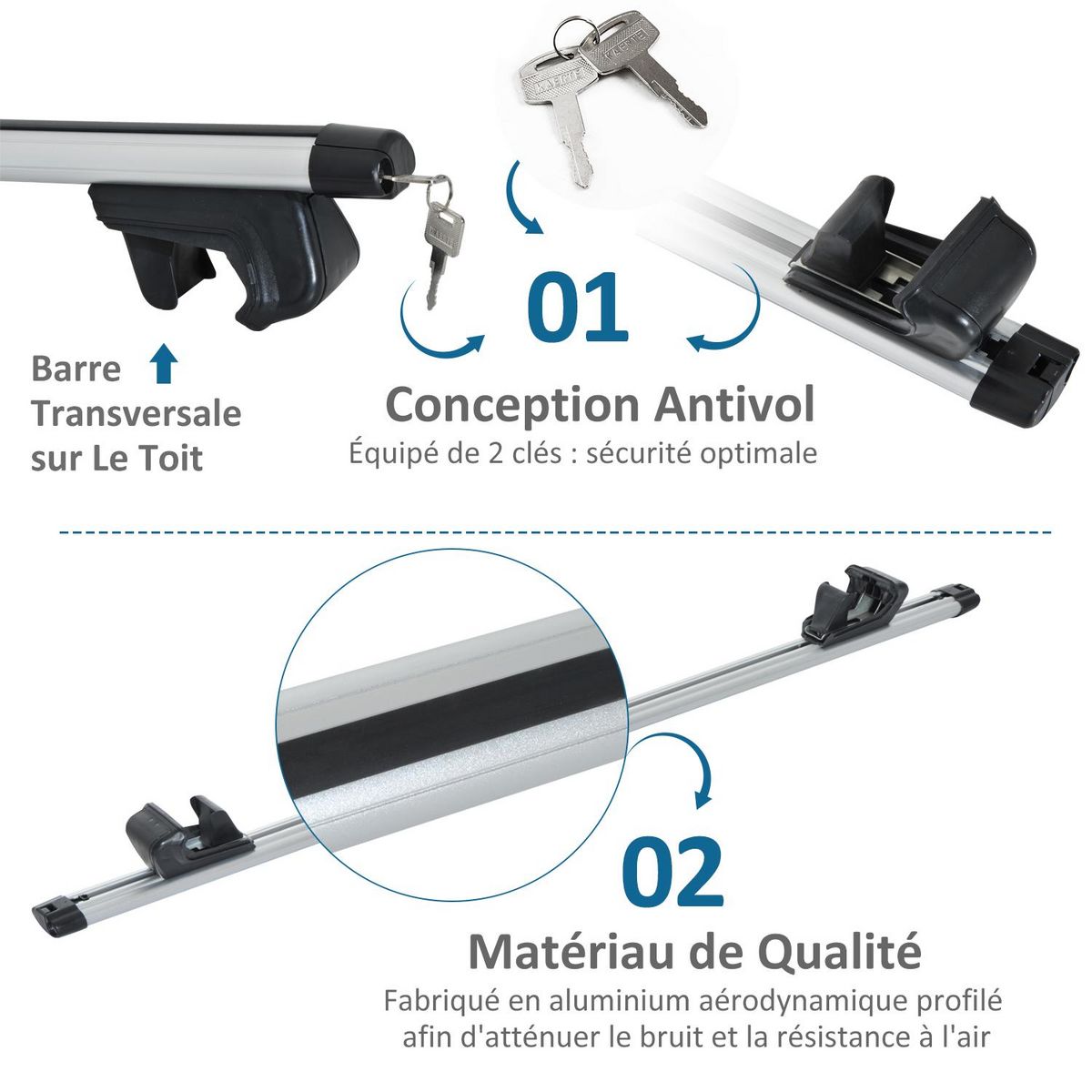 HOMCOM Barres de toit de voiture verrouillables 2 clés fournies dim. 125L x 5,5l x 7H cm aluminium gris noir