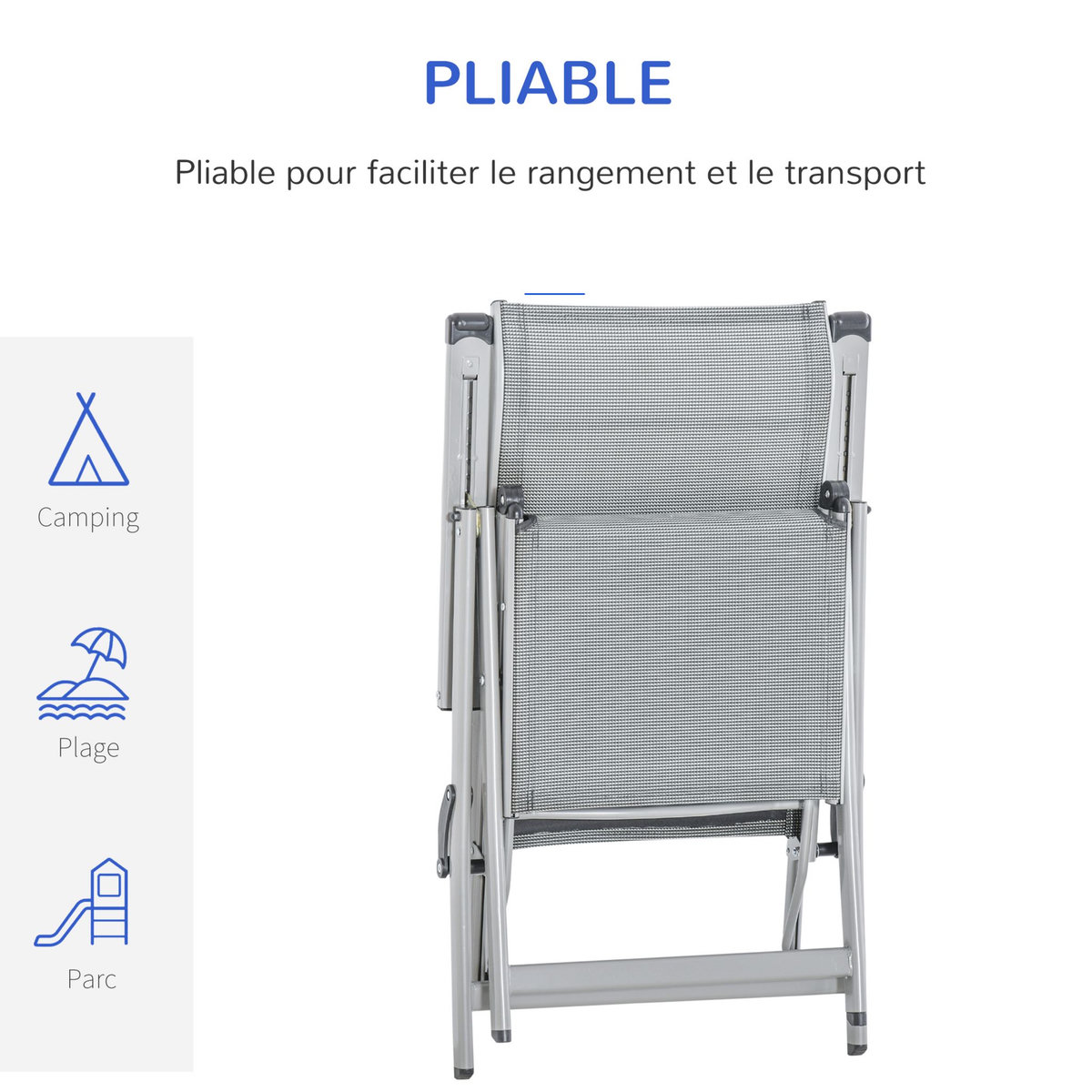 OUTSUNNY Chaise longue pliable dossier & repose-pied réglable multi-positions métal époxy textilène gris