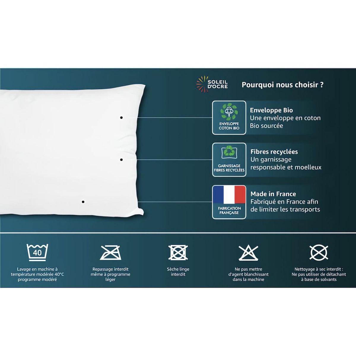 SOLEIL D'OCRE Oreiller blanc coton bio NATURA, par Soleil d'ocre