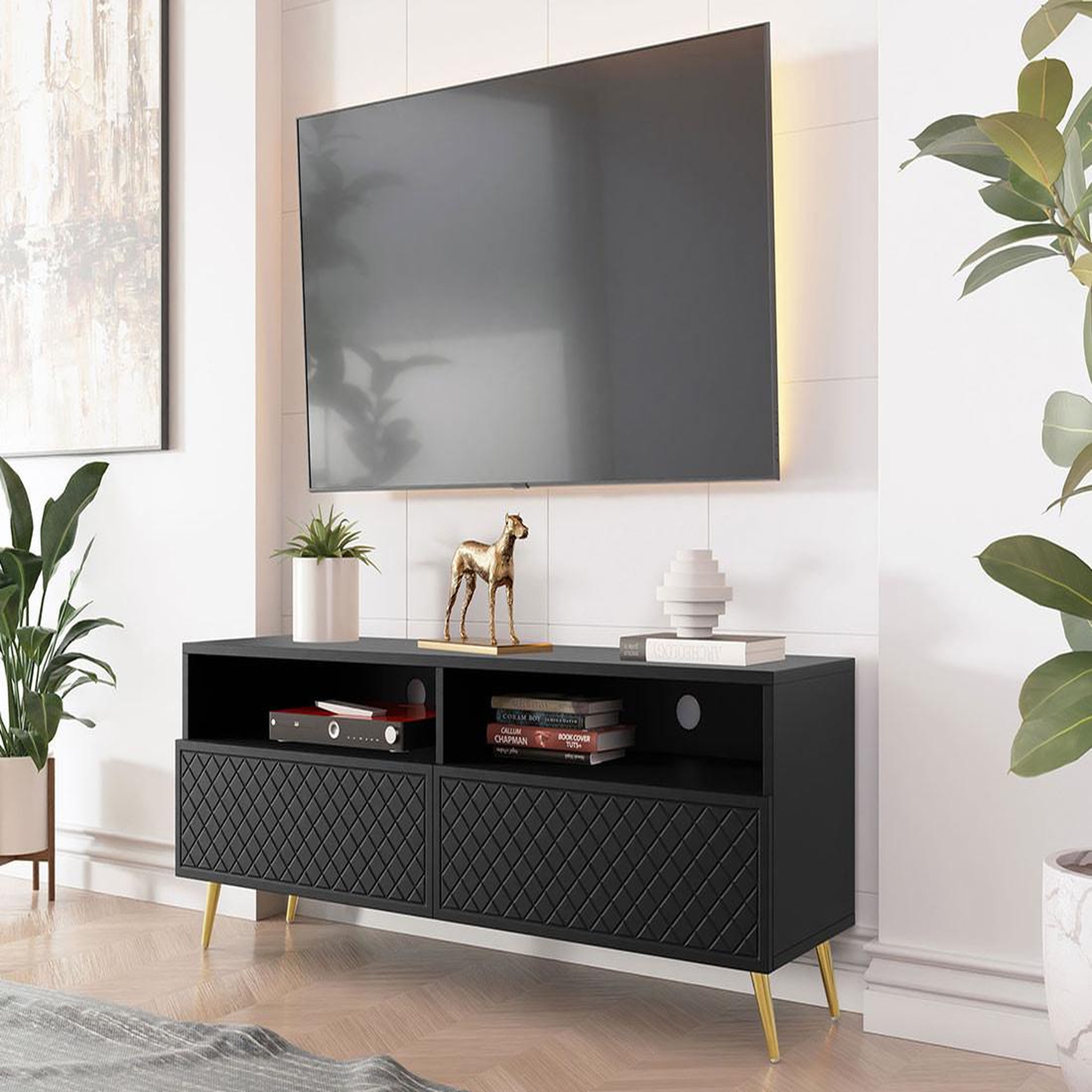 Voir la diapositive 3 : BEST MOBILIER Sorolla - meuble tv - 2 tiroirs et 2 niches - 150 cm