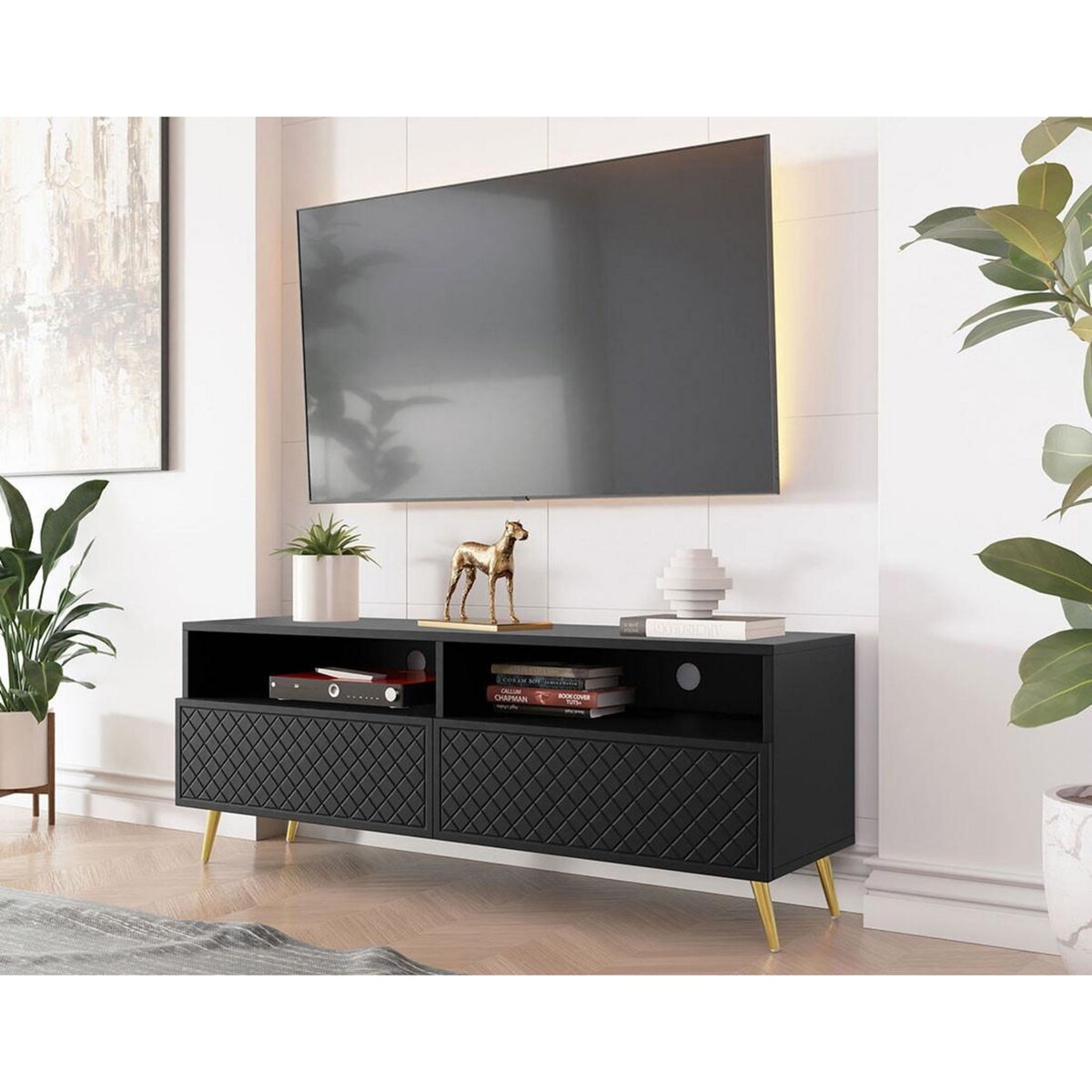 BEST MOBILIER Sorolla - meuble tv - 2 tiroirs et 2 niches - 150 cm