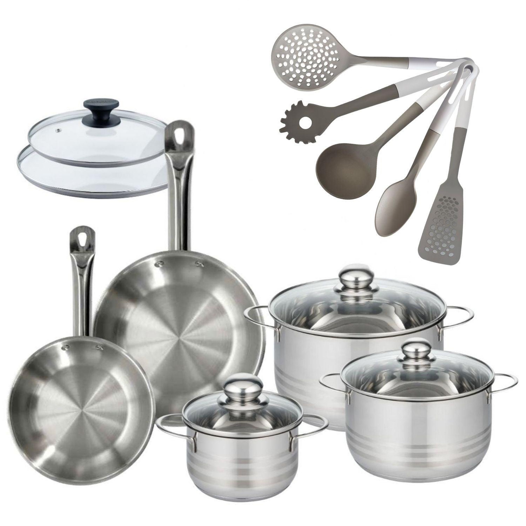 Fackelmann Batterie de cuisine avec 3 faitouts 16/20/24 cm et 2 poêles 20/24 cm avec 7 ustensiles de cuisine fackelmann etherna brillant vario avec couvercles