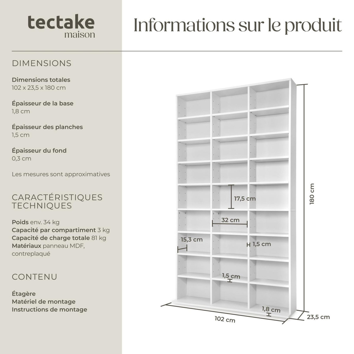 tectake Étagère DVD CD aspect bois blanc