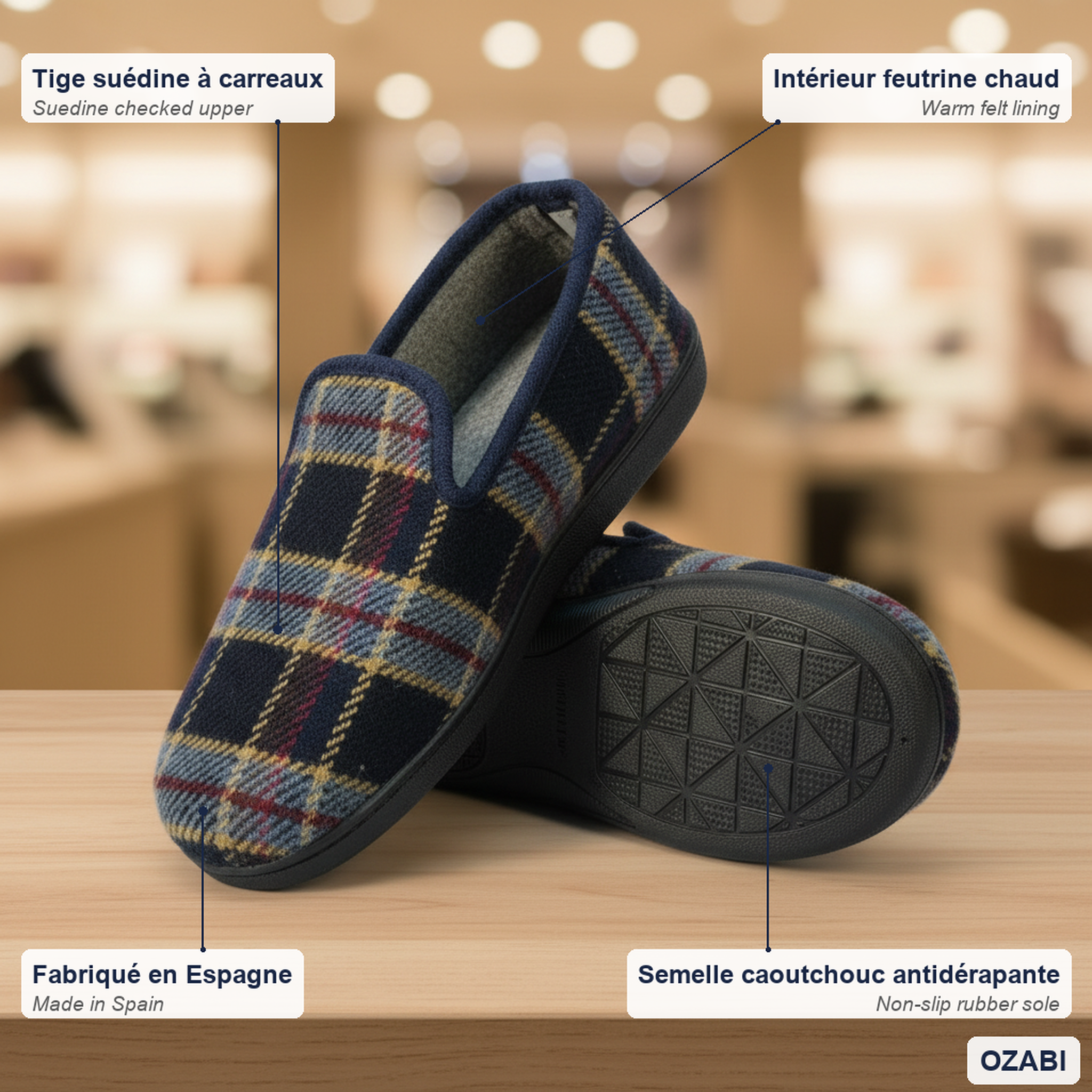 Voir la diapositive 5 : OZABI Ozabi pantoufles charentaises homme fabriquées en espagne carreaux écossais