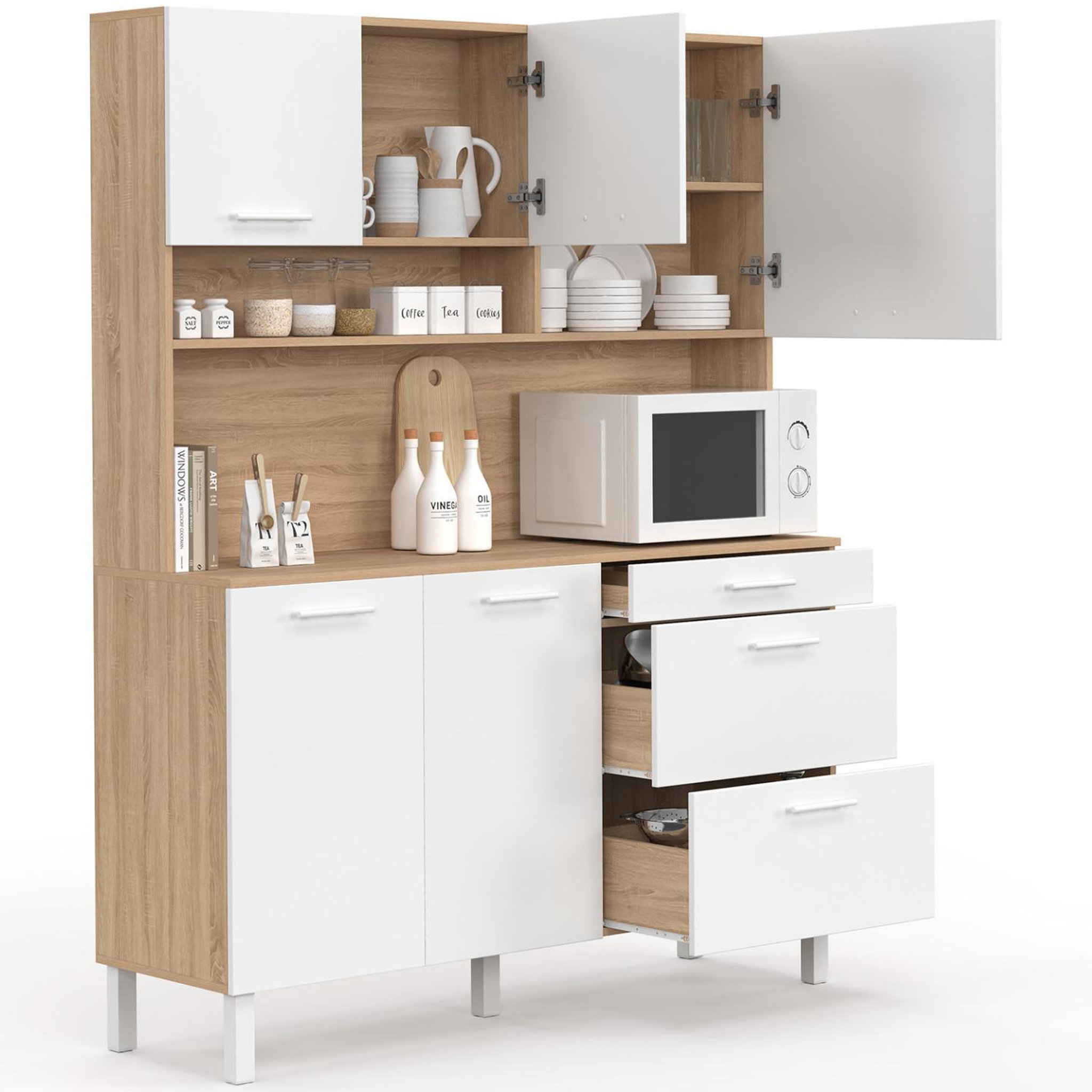 Voir la diapositive 4 : ID MARKET Buffet casserolier de cuisine 140 cm cina 5 portes + 3 tiroirs façon hêtre et blanc