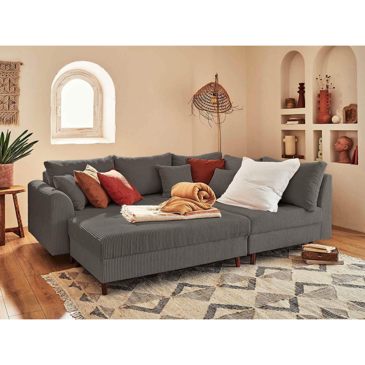 LISA DESIGN Rune - canapé d'angle droit - 4 places - avec pouf d'appoint - en velours côtelé